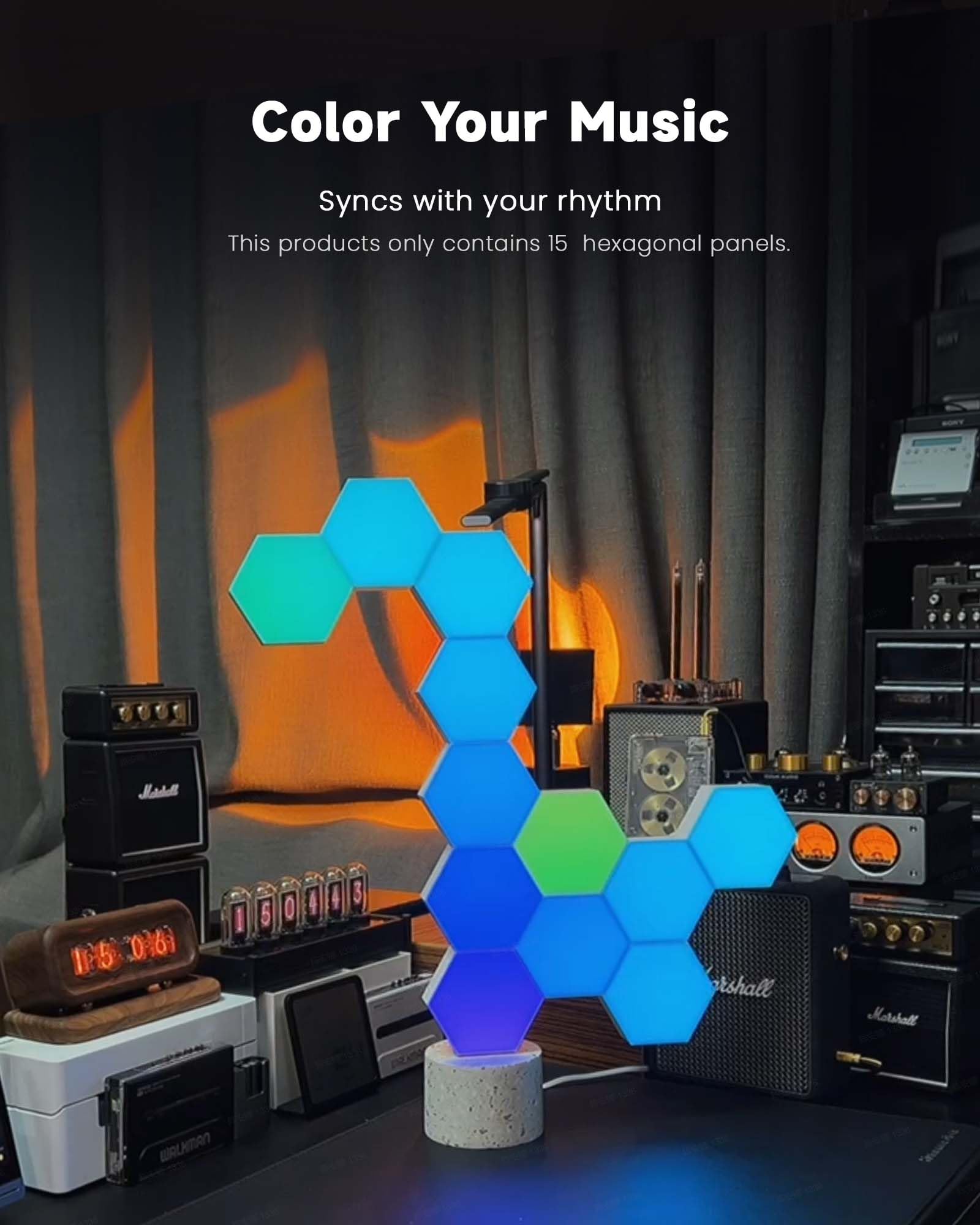 كولو لايت مصابيح RGB احترافية لاعداد الالعاب، مصابيح العاب تعمل بمنفذ USB، مصابيح حائط سداسية مزامنة الموسيقى مع 70 تاثير، متعددة الاستخدامات للمكتب والجدار، تعمل مع اليكسا وجوجل 15 قطعة
