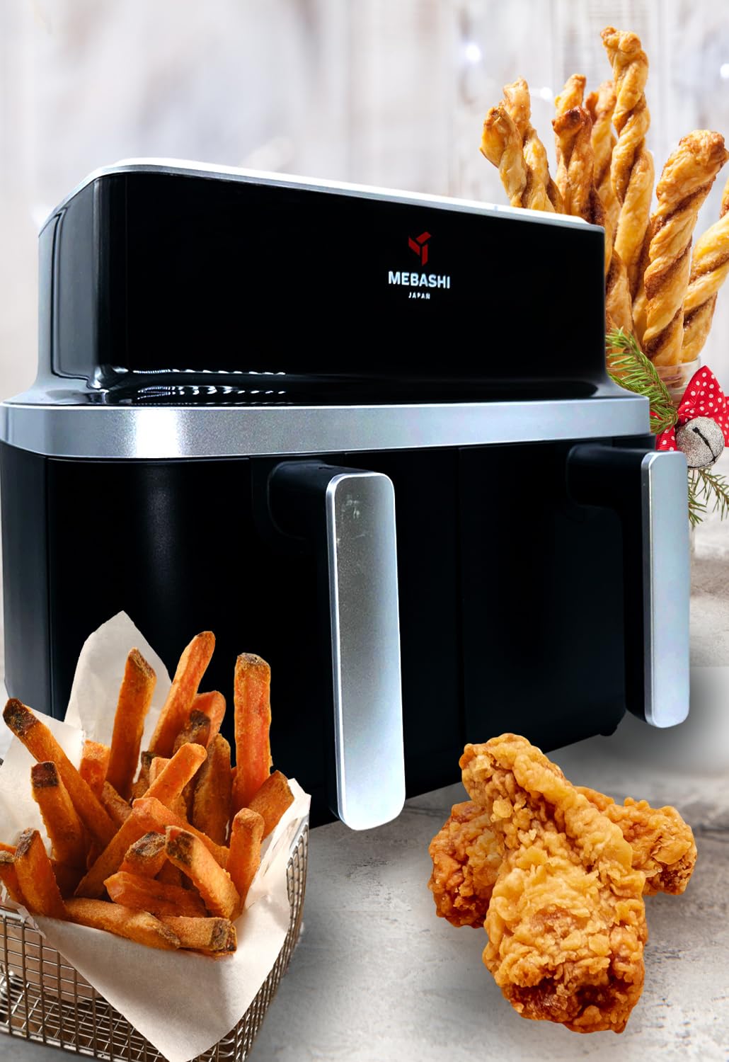 Mebashi 9 Liter Dual Basket Air Fryer with Touch Screen, Two Separate Baskets, Glass Window Air Fryer (ME-AF976) (2600 Watt)