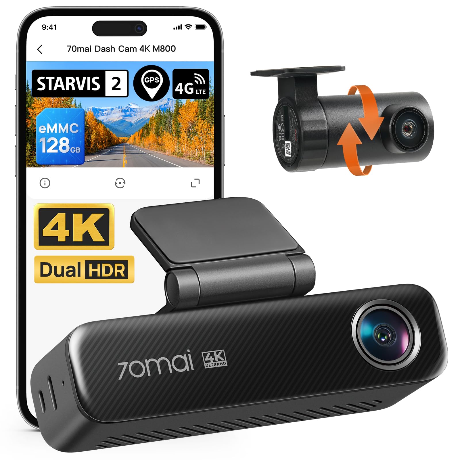 70mai M800 4K Dash Cam Front and Rear for Cars, STARVIS 2 IMX678 Super Night Vision and F1.7 Aperture, Dual HDR, 4G LTE & 5GHz Wi-Fi, Built-in 128GB eMMC, GPS, Voice Control, Monitor