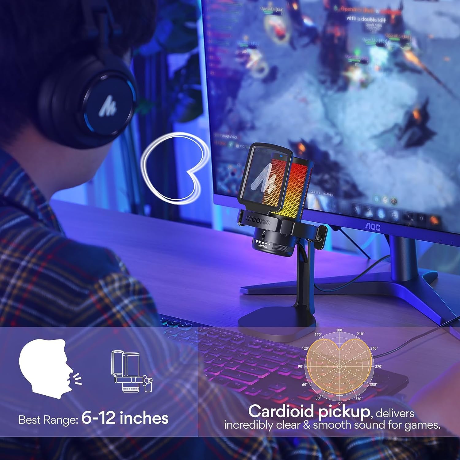 MAONO RGB Condenser Gaming Mic, USB Podcast Microphone with Active Noise Cancellation, Mic Gain, 1-Click Mute, Adjustable RGB Light for YouTube Recording, PC, Laptop (DGM20-Black)