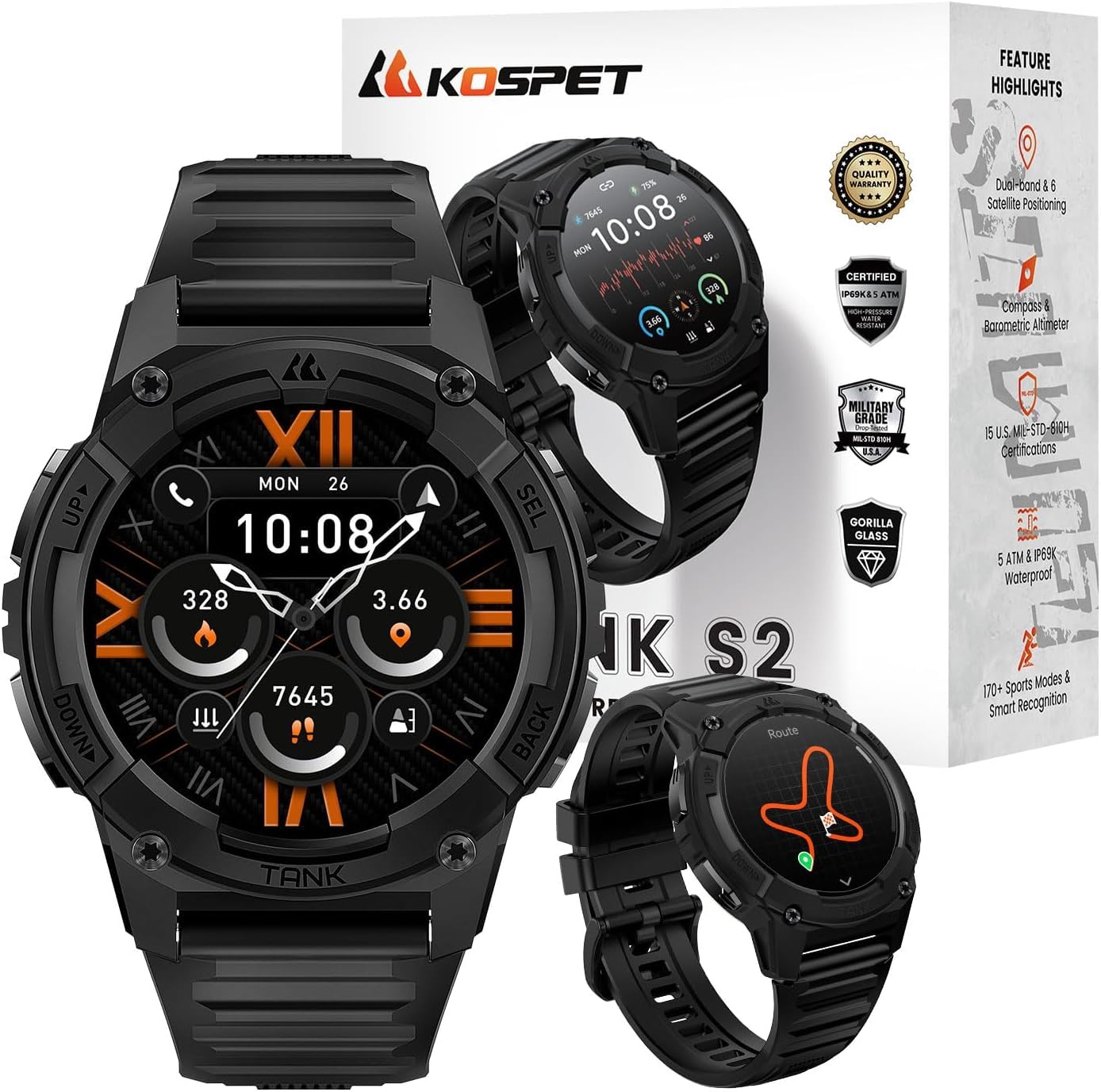 KOSPET Tank S2 Smart Watch for Men/Women GPS, 5ATM Waterproof, Pressure/Altitude/Compass, 1.32" AMOLED Display Fitness Tracker(Answer/Make Call), AI Voice Assistant, 24H Sleep/Hear Rate Monitor
