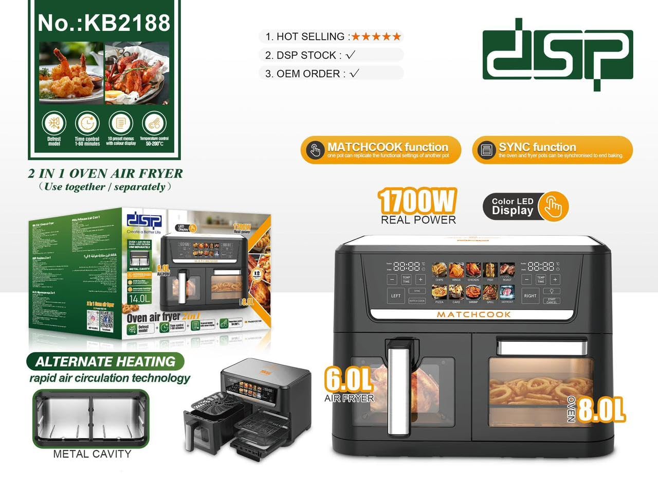 DSP KB2188 Dual Zone Air Fryer Oven14L with Visual Window, 1700W Air Fryer Oven with colorful Led Touch Screen for 10 Presets, Independently Controlled Double Baskets,Easy Clean Airfryer for home