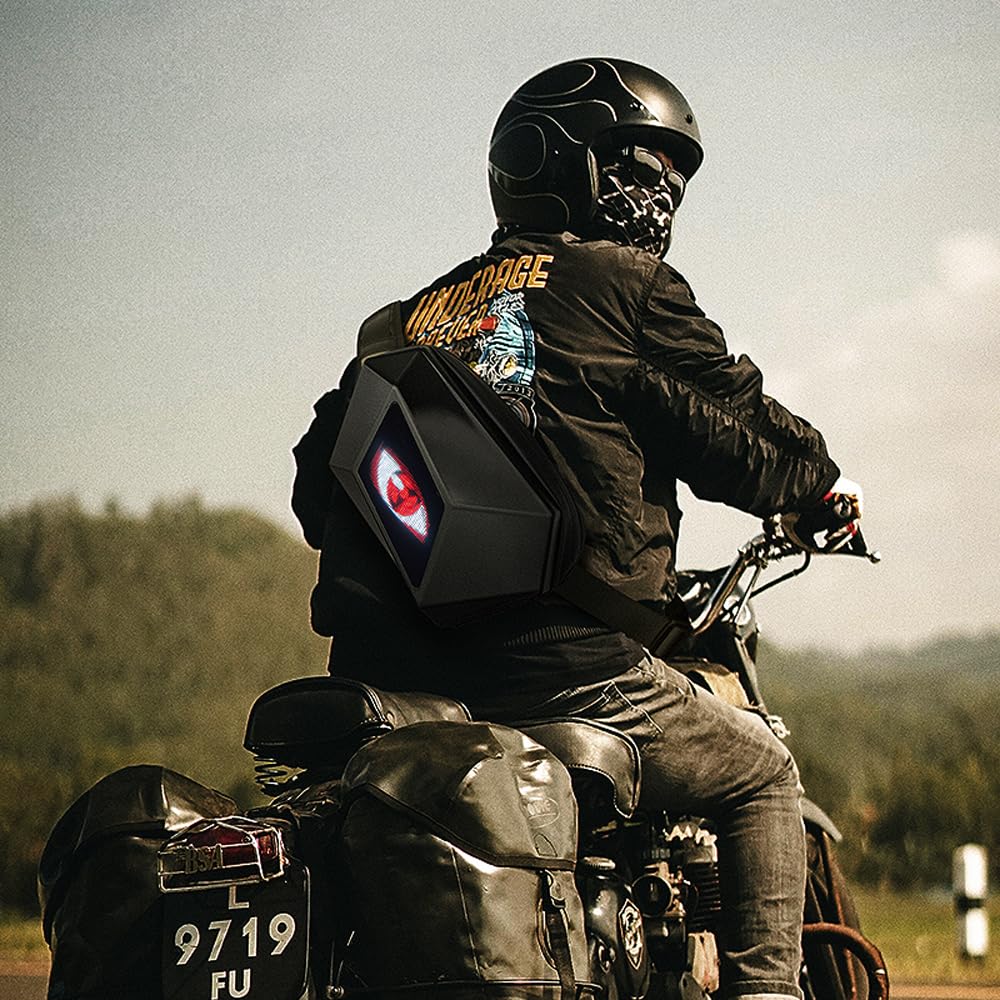 RGA LED Backpacks, Pixel Art Motorcycle Backpack, Dynamic, Wi-Fi, Waterproof, 64 x 64 cm, Supports iOS/Android System, LED Display, Text/Picture/Gif Animation, College Students Laptop Backpack