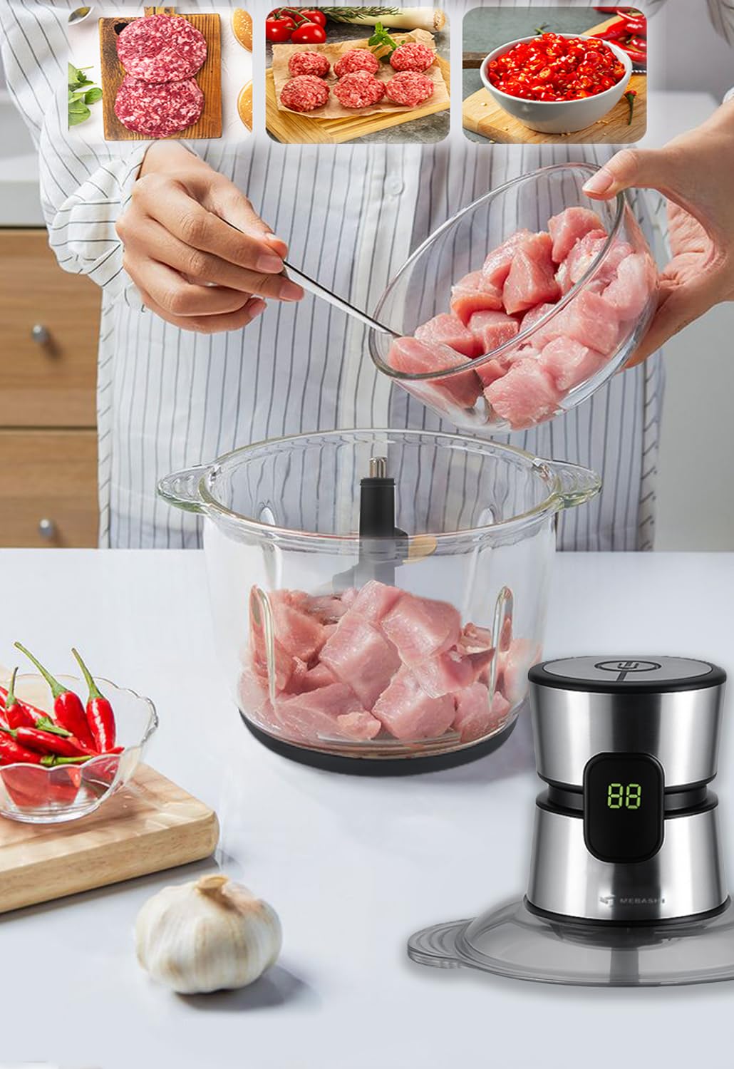 MEBASHI Digital Chopper With Touch Screen, 600W, 5L Glass Bowl, 3 Speeds, Low Noise And Smooth Motor With Constant Power, (ME-CH4008) Black