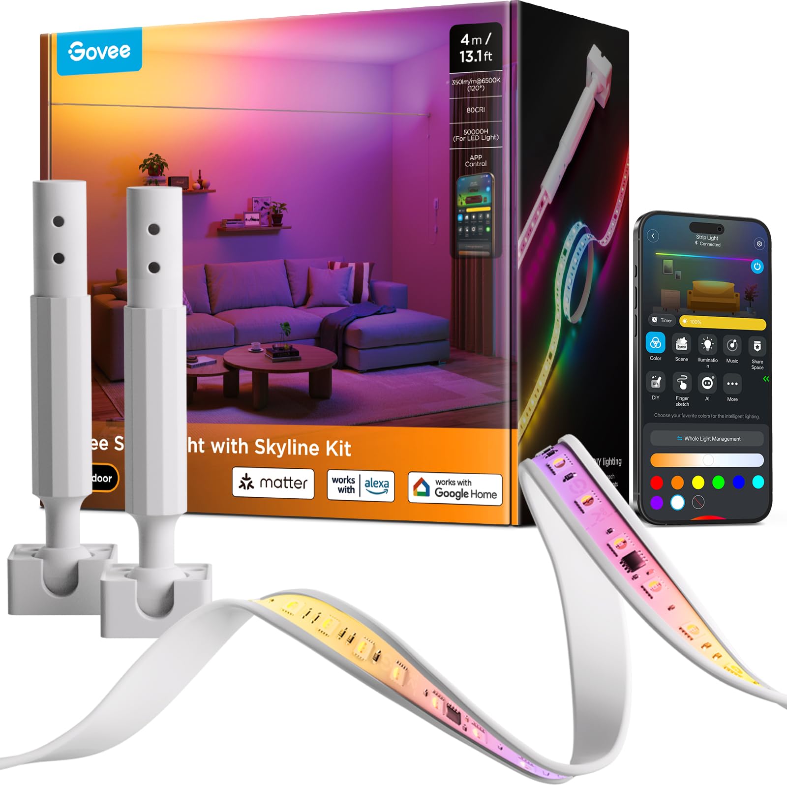 Govee LED Light Strip with Skyline Kit, 13.1ft Smart LED Light Strip Works with Alexa, Google Assistant and Matter, RGBWWIC Color Changing LED Strip Lights, LED Lights for Bedroom, Party and Home Decor