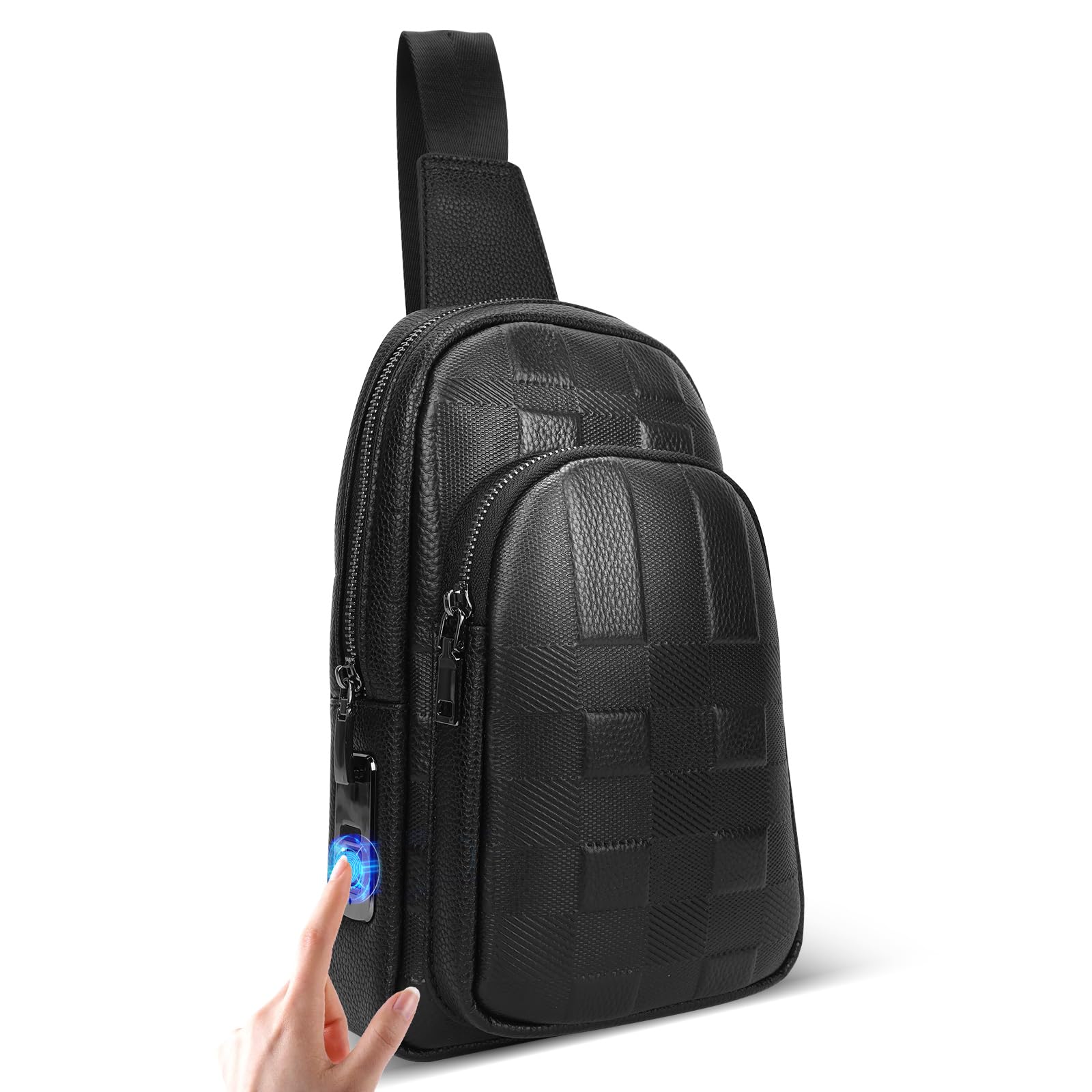 Anti-Theft Fingerprint Crossbody Bag for Men by LeeRong, Waterproof Genuine Leather Crossbody Bag, Large Waterproof Multi-Pocket Shoulder Bag for Men in Black