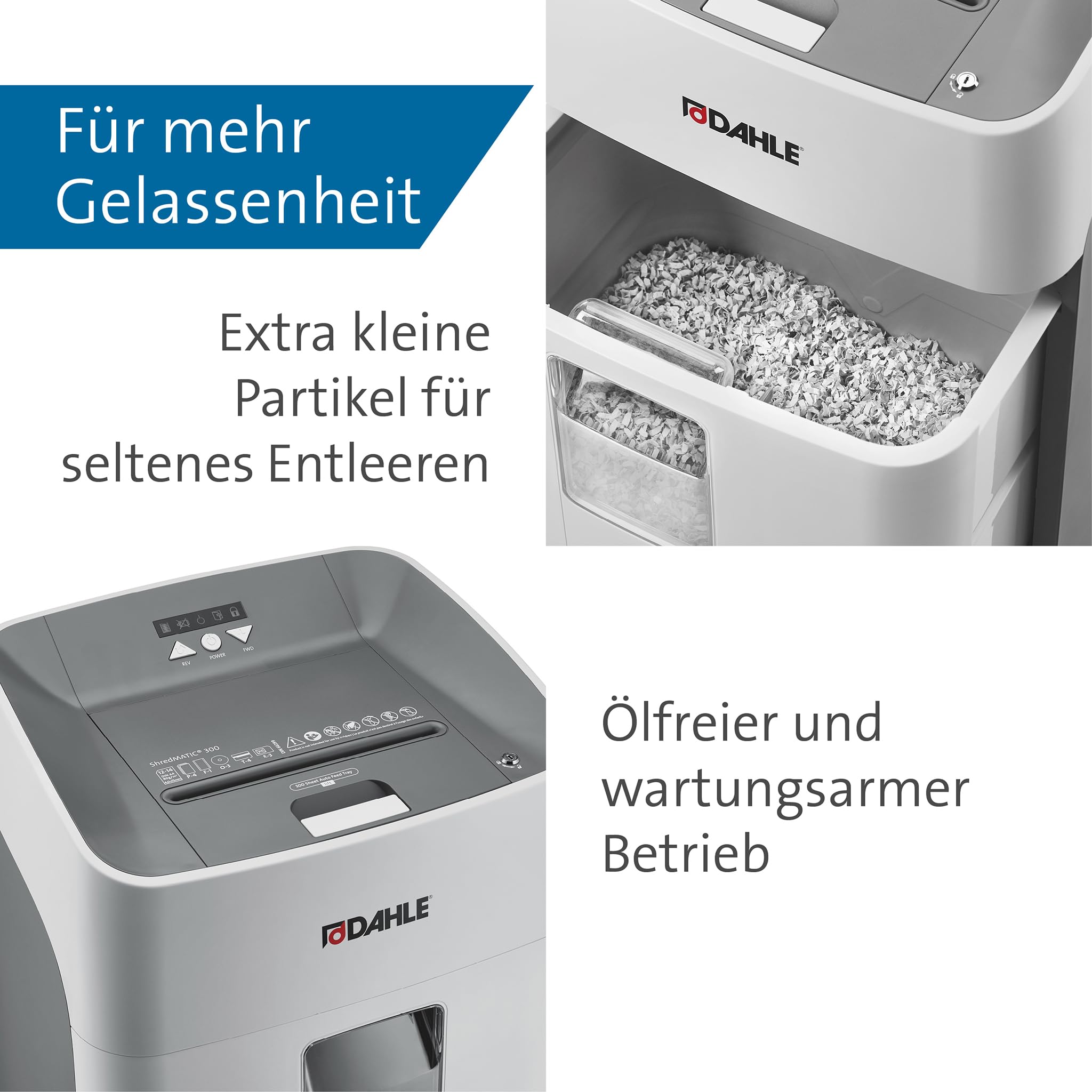 Dahle ShredMATIC 300 P4 Automatic Feed Shredder (300 Sheets, Particle Cut, Oil and Maintenance-Free, Automatic Paper Feeder), Grey