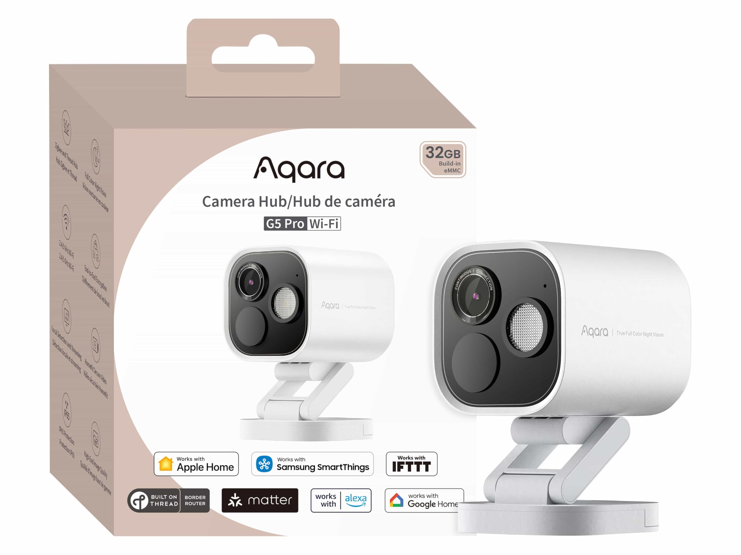 Aqara G5 Pro WiFi Camera Global Version - 2.6K UHD with AI Detection, Full-Color Night Vision, HomeKit Secure Video, IP65 Water and Dust Resistant, Zigbee/Thread/Matter Support - White