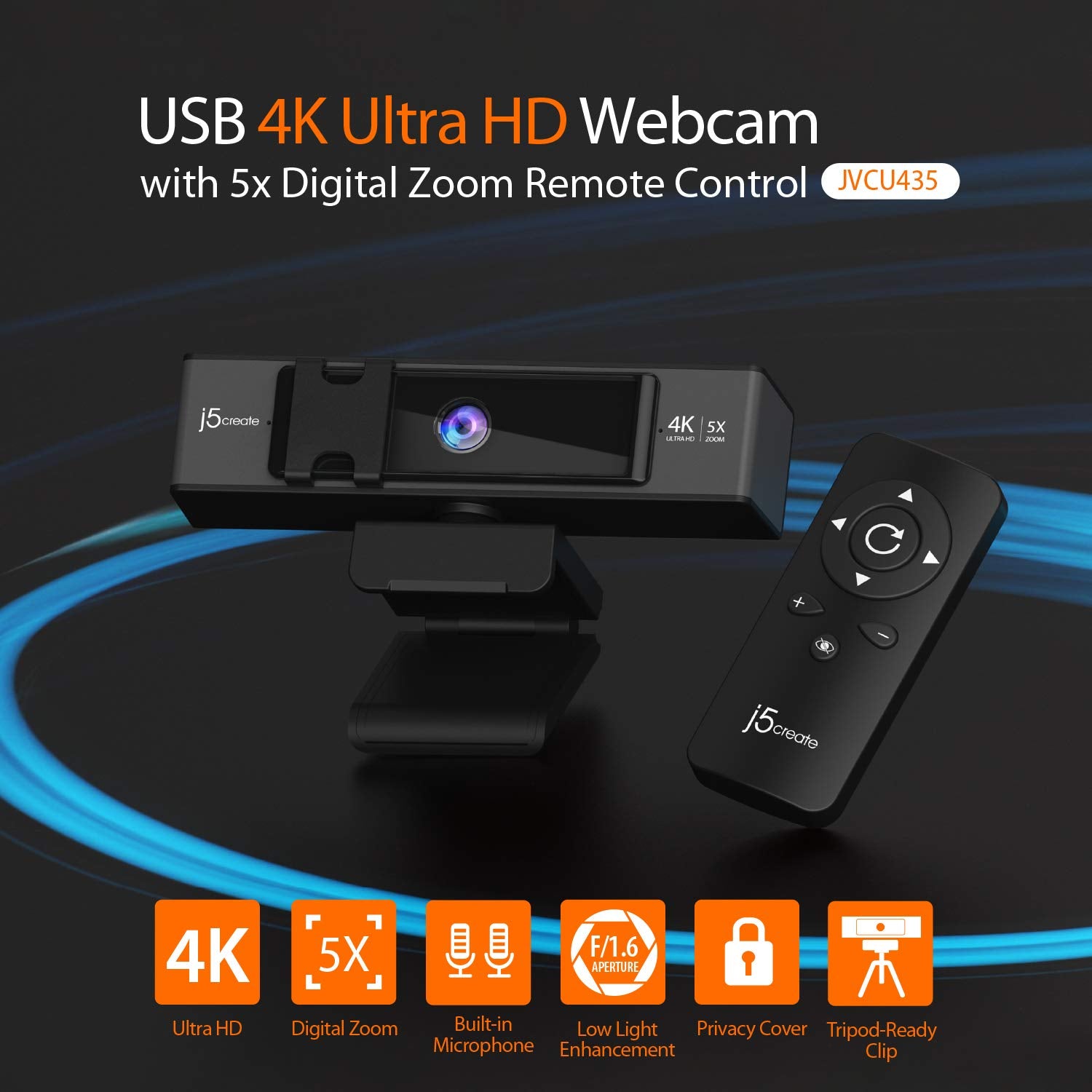 جيه 5 كريت كاميرا ويب 4K UHD مع تقريب رقمي 5X، غطاء للخصوصية، تحسين الإضاءة المنخفضة، ميكروفون مزدوج عالي الدقة، جهاز تحكم عن بعد، USB-C | لمؤتمرات الفيديو عبر الإنترنت والبث المباشر