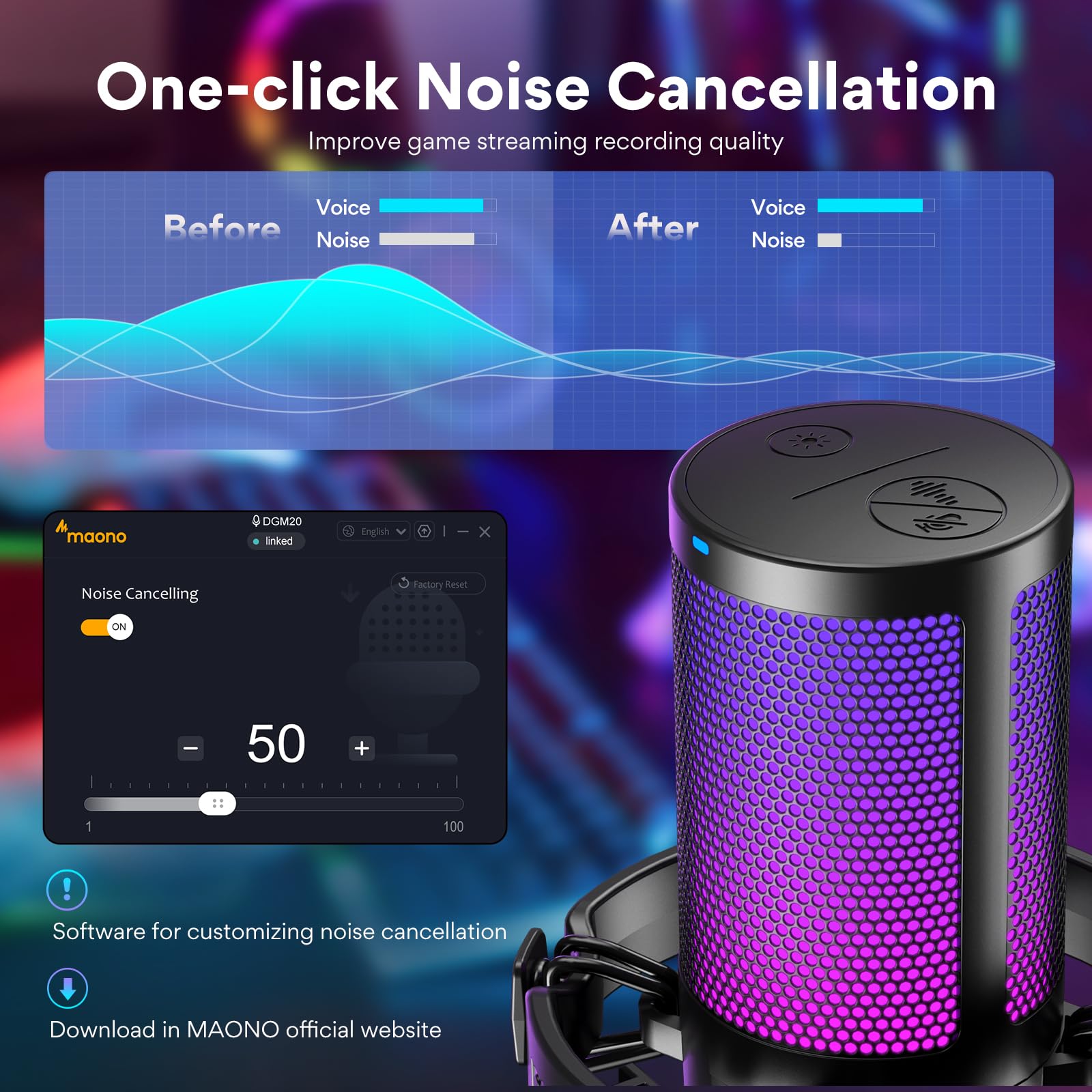MAONO RGB Condenser Gaming Mic, USB Podcast Microphone with Active Noise Cancellation, Mic Gain, 1-Click Mute, Adjustable RGB Light for YouTube Recording, PC, Laptop (DGM20-Black)