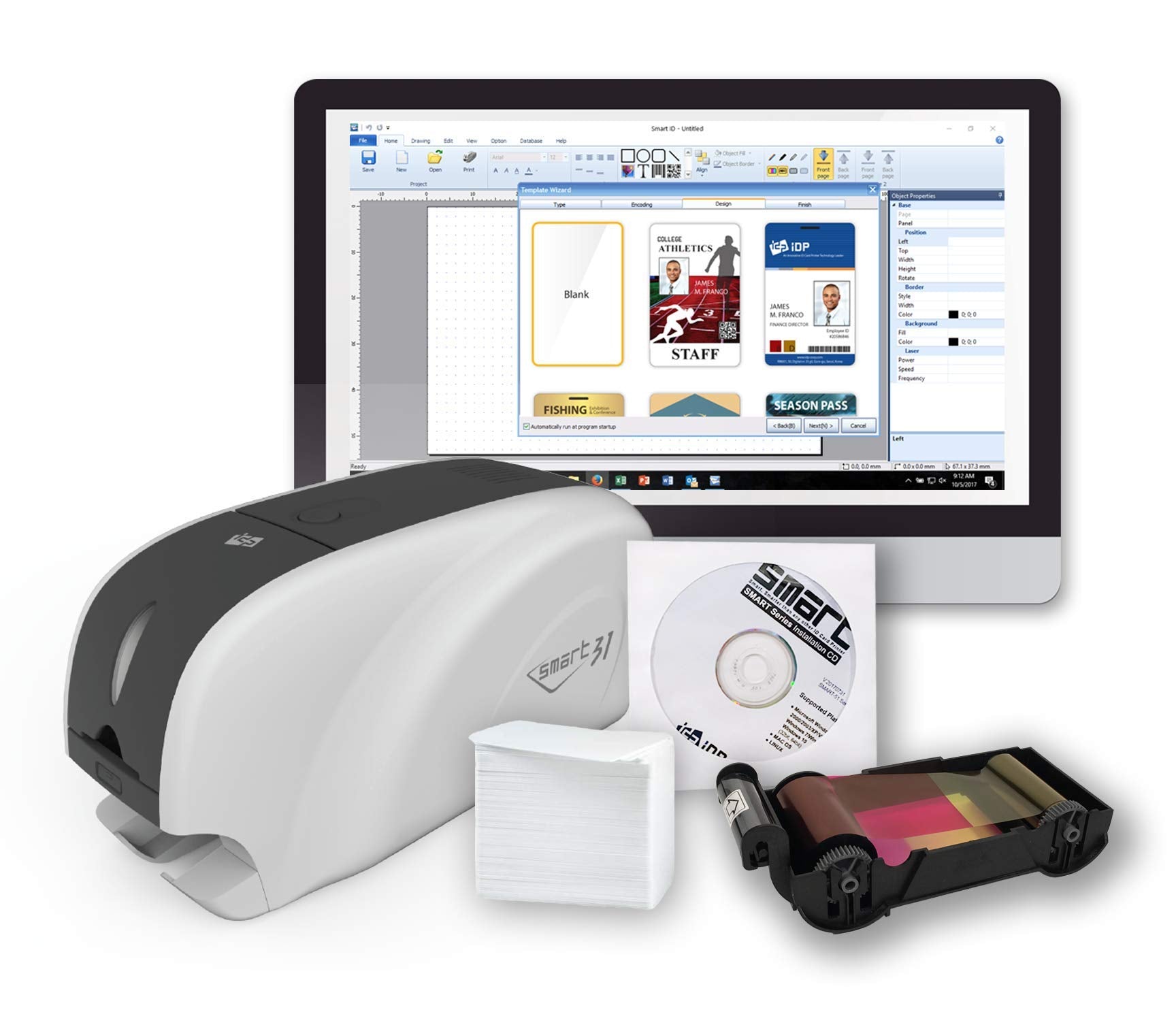 IDP SMART-31S Simple ID Card Printer Bundle with PC Software Only, 250 YMCKO Color Ribbon Prints and 100 PVC Plastic Cards