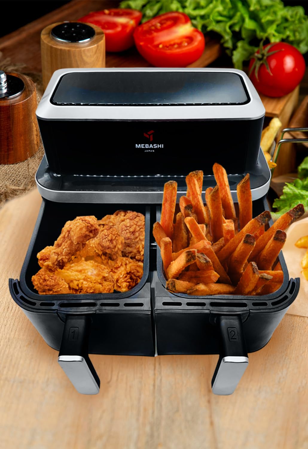 Mebashi 9 Liter Dual Basket Air Fryer with Touch Screen, Two Separate Baskets, Glass Window Air Fryer (ME-AF976) (2600 Watt)