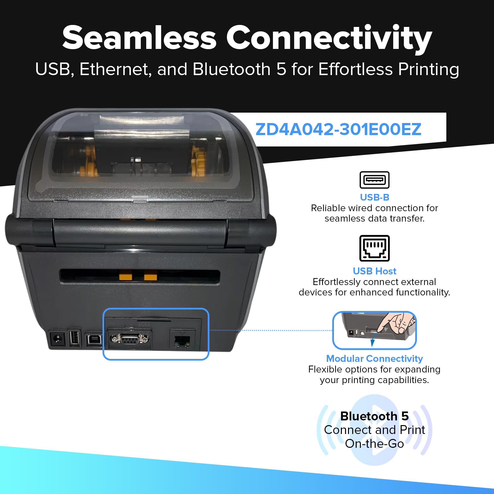 طابعة سطح المكتب ZD421 نقل حراري من زيبرا 203 نقطة لكل بوصة عرض 4 بوصة USB ايثرنت ZD4A042-301E00EZ | تتضمن برنامج