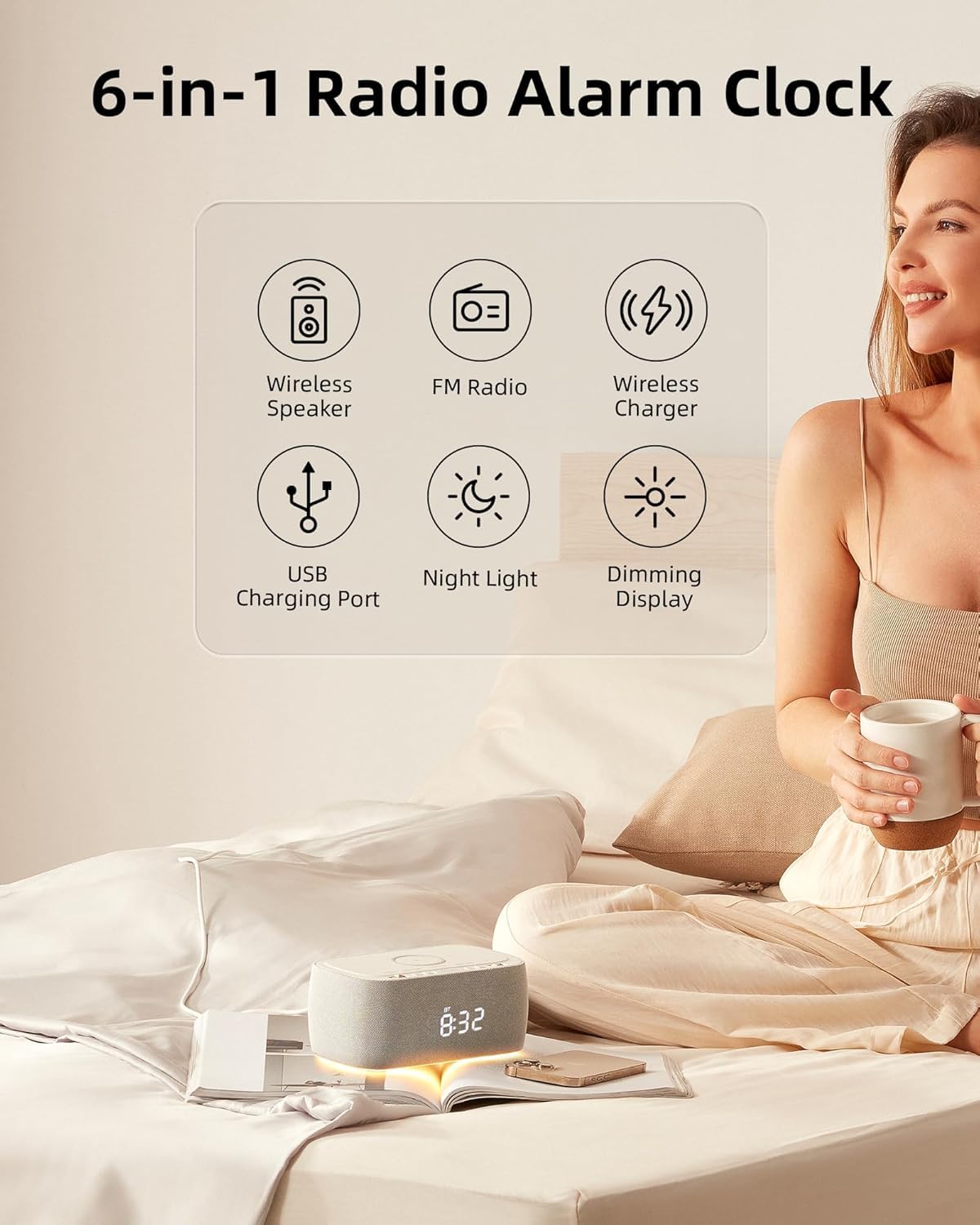 EZVALO Alarm Clock Speaker Dock with Wireless Charger