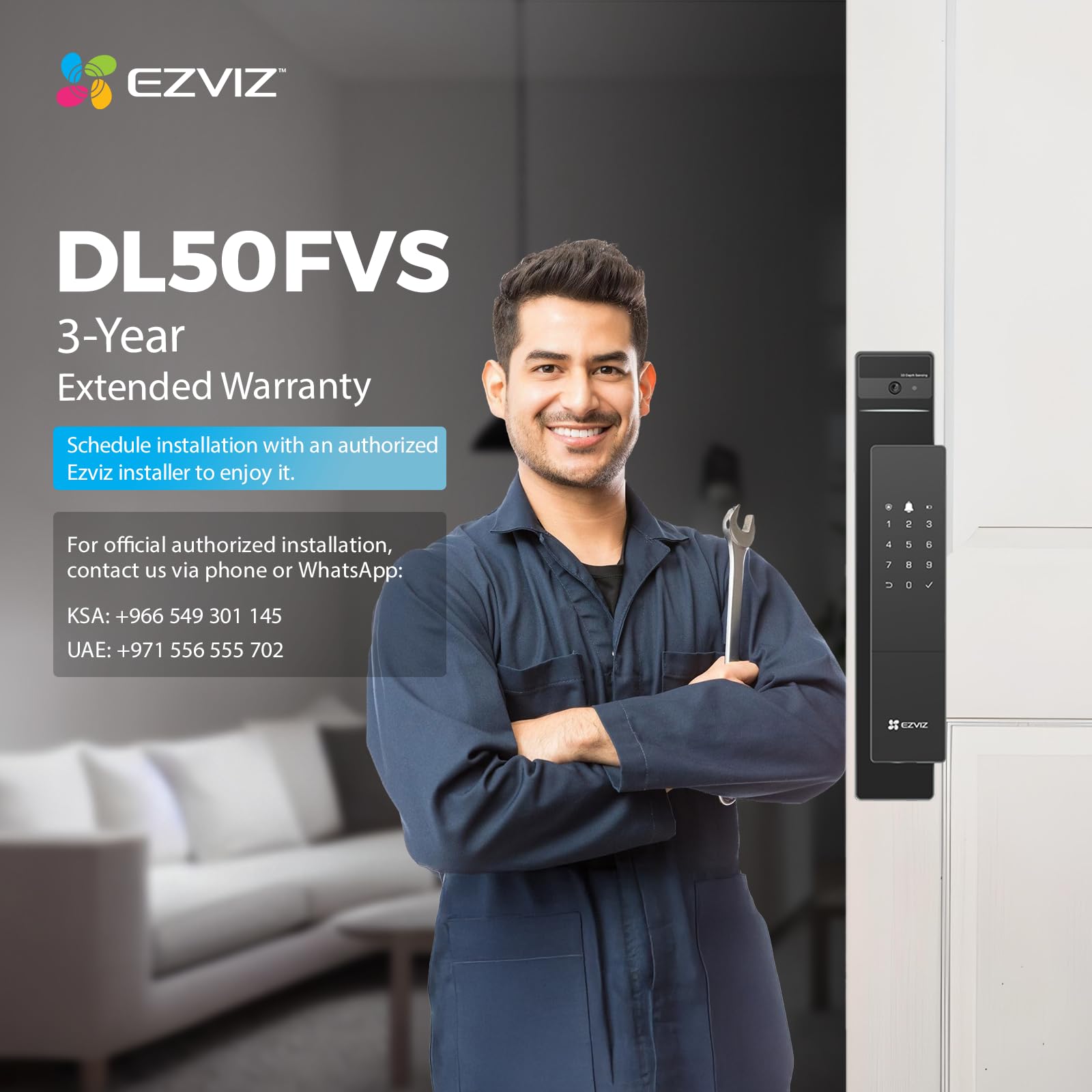 EZVIZ Smart Lock DL50FVS, 7-in-1 Smart Door Lock, 3D Face Recognition Door Lock, Built-in 8GB storage, Night Vision, Active Intercom, App Control, Free Installation (Black, 5085 Mortise)