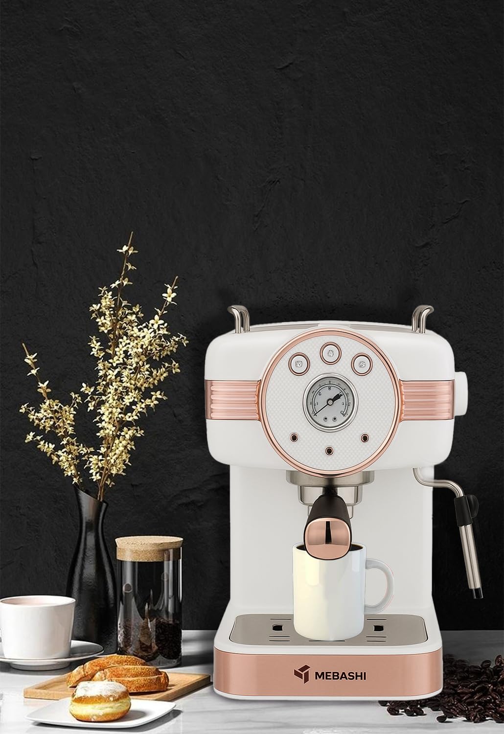 Mebashi 1.5L Espresso Coffee Machine, 20 Bar Pressure Pump, Detachable Water Tank (E-ECM2046) (White)|1100W