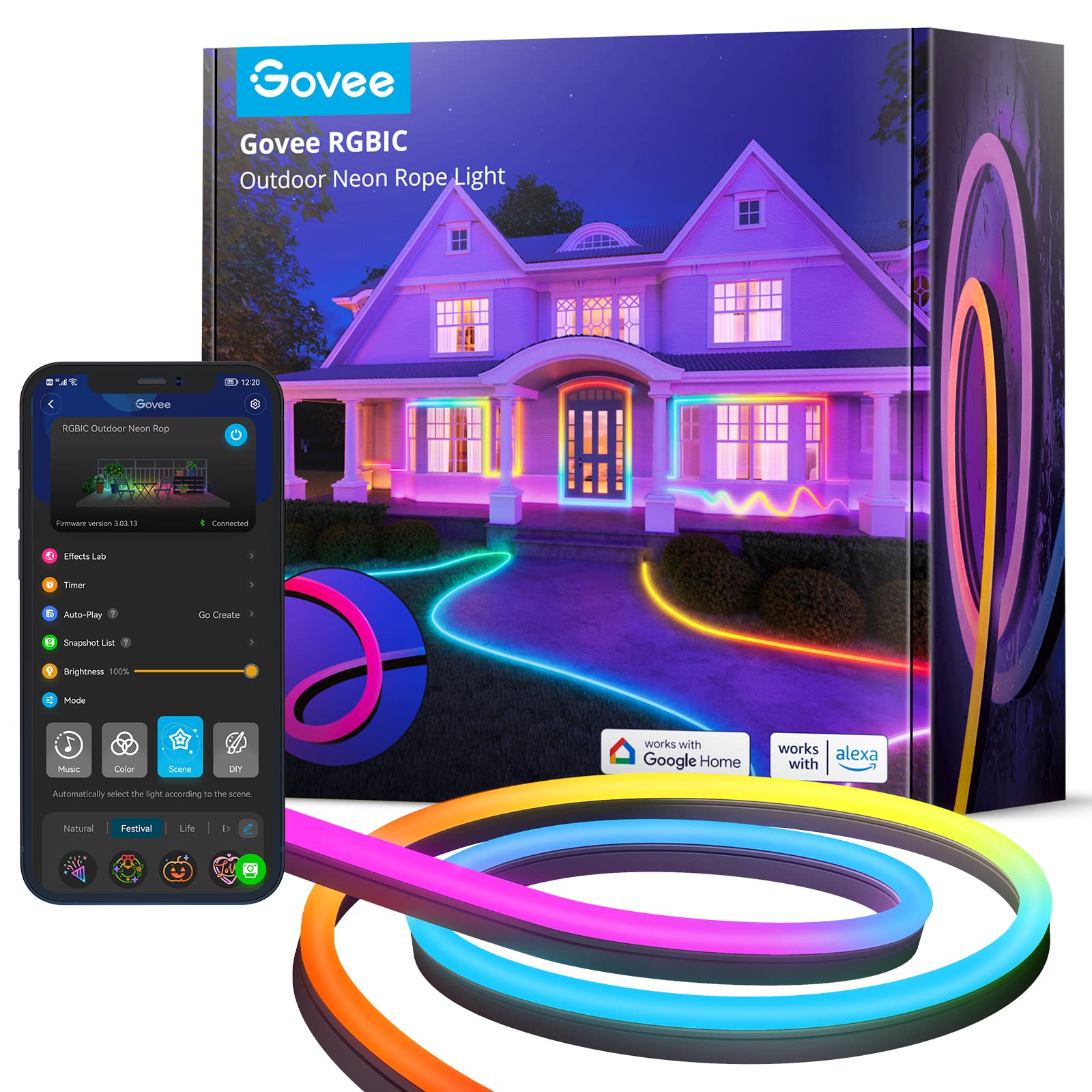 Govee Outdoor Neon Rope Lights, 32.8ft RGBIC IP67 Waterproof Patio Decorations with 64 Scene Modes, Music Sync, Flexible LED Outdoor Lights, Holiday Lights Work with Alexa, Google Assistant