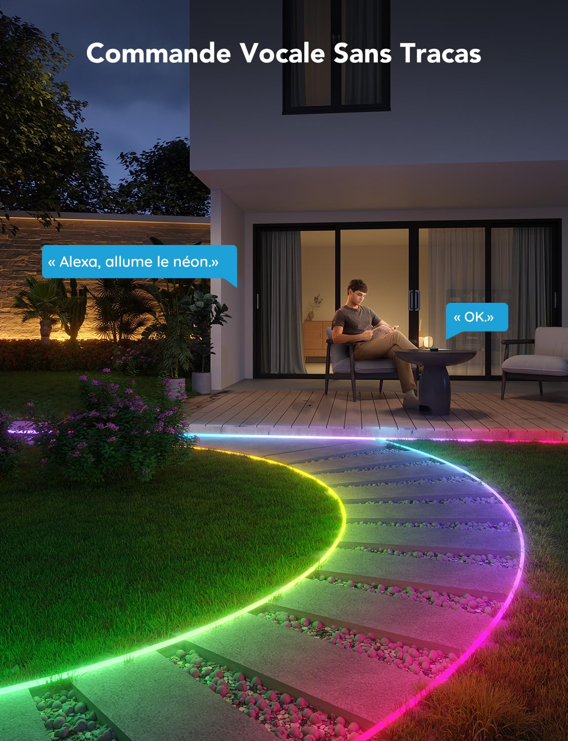 جوفي شريط اضاءة LED نيون للاماكن الخارجية بطول 10 متر، مقاوم للماء بتصنيف IP67 لمقاومة المياه والغبار مع اكثر من 64 مشهد، مزامنة موسيقى، مناسب لتزيين الفناء والحديقة، يعمل مع اليكسا ومساعد جوجل