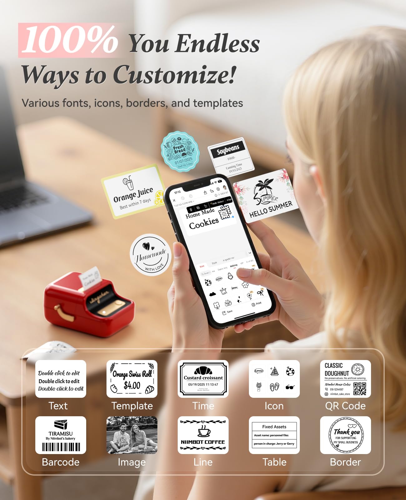 NIIMBOT B21 Portable Thermal Label Maker Inkless, Wireless Bluetooth Label Printer for Clothing, Addresses, Business, Compatible with iOS and Android, with 1 Roll 50x30mm White Labels, Black