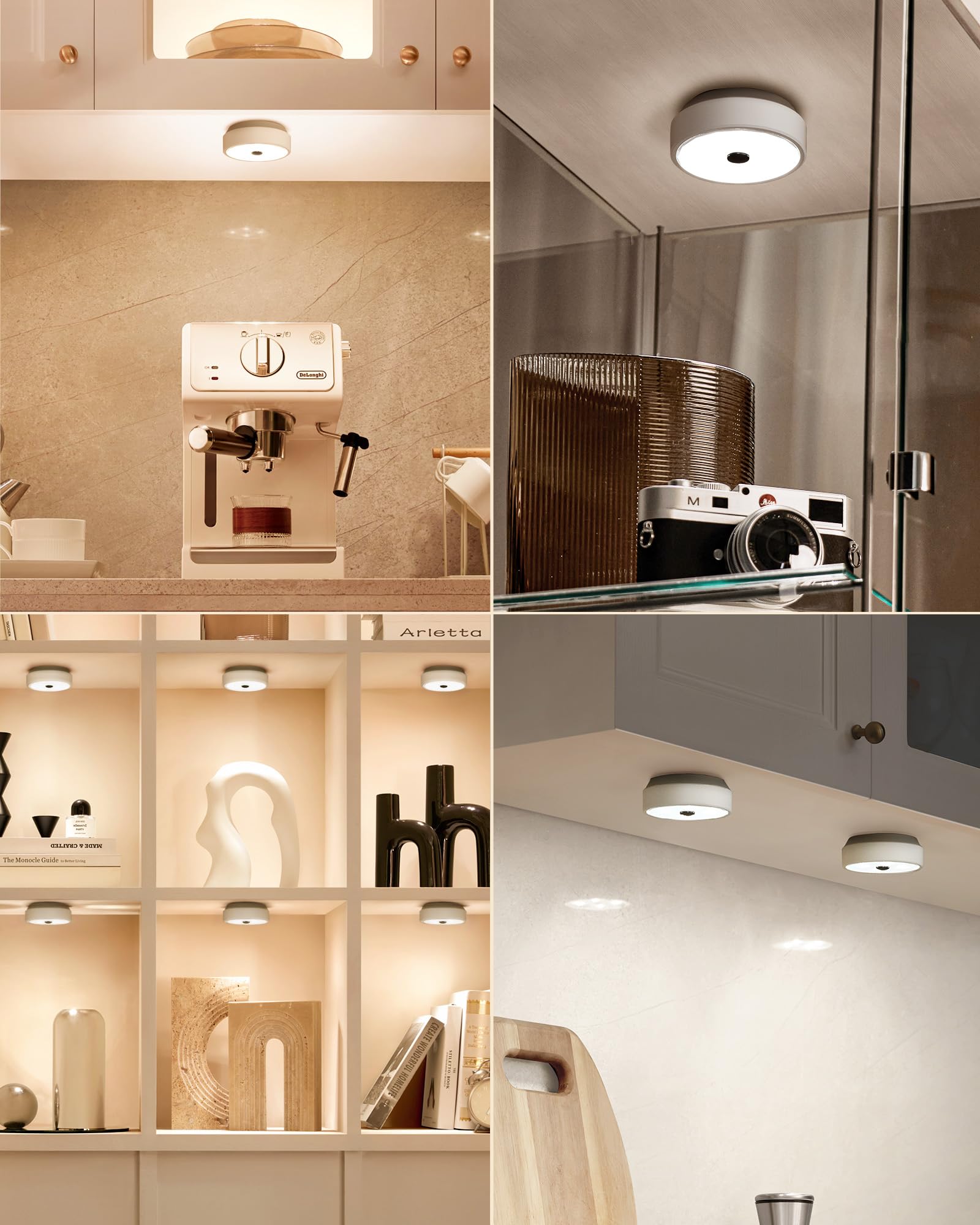 EZVALO Under Cabinet Lights, 2 Color Motion Sensor Lights, 1200mAh Rechargeable Puck Lights for Group Control, Dimmable LED Under Counter Lights for Kitchen and Cabinet (3 Pack)