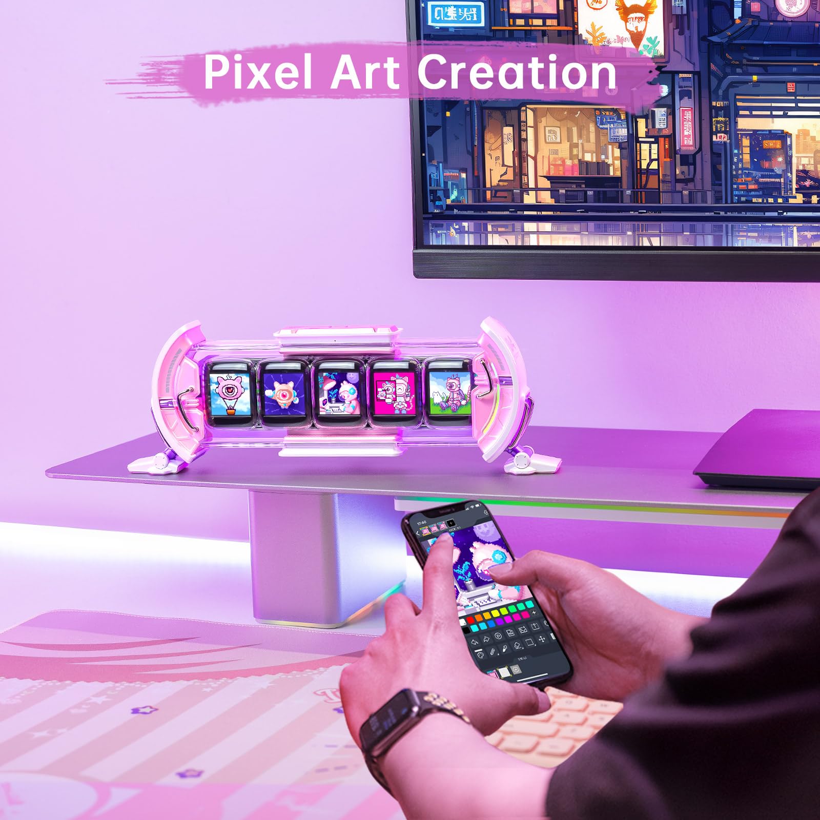 Divoom Times Gate - Cute Gaming Digital Clock with Smart App Control, Supports Weather Forecast, Stock Market/Exchange Rate, Social Media, Pixel Art Display for Gaming and Home Office Decor (Pink)