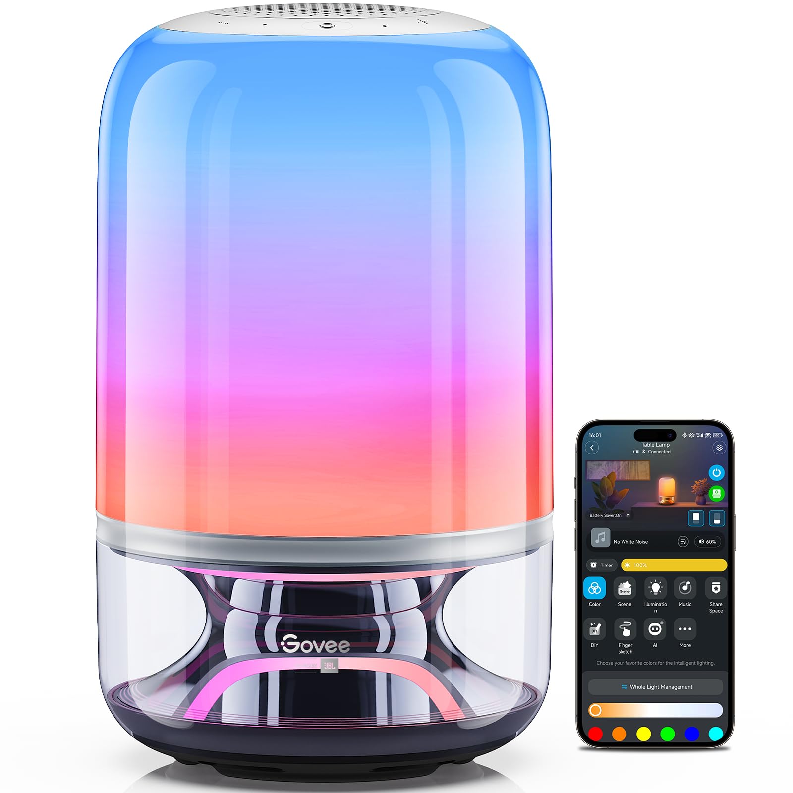 Govee Table Lamp 2 Pro × Sound by JBL, Smart Wireless Table Lamp with Speaker, Music-Light Sync, 16 Music Modes & 100+ Scene Modes, Works with Matter, Rechargeable DIY Desk Lamp