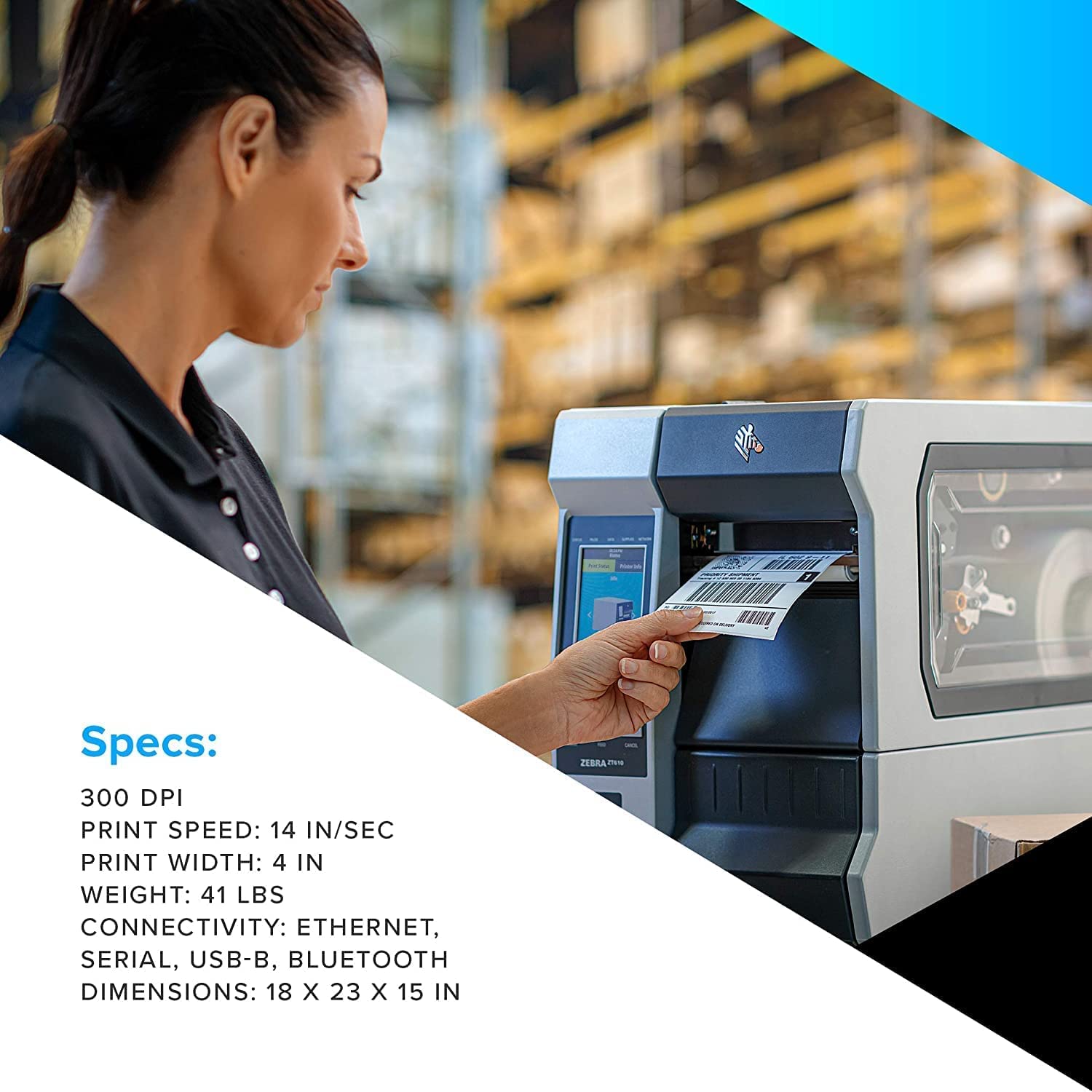 Zebra ZT411 Industrial Thermal Printer 300 DPI - Ethernet, Bluetooth, Serial & USB, 14 IPS, 4 inch Print Width, Monochrome Label - ZT41143-T010000Z, JTTANDS