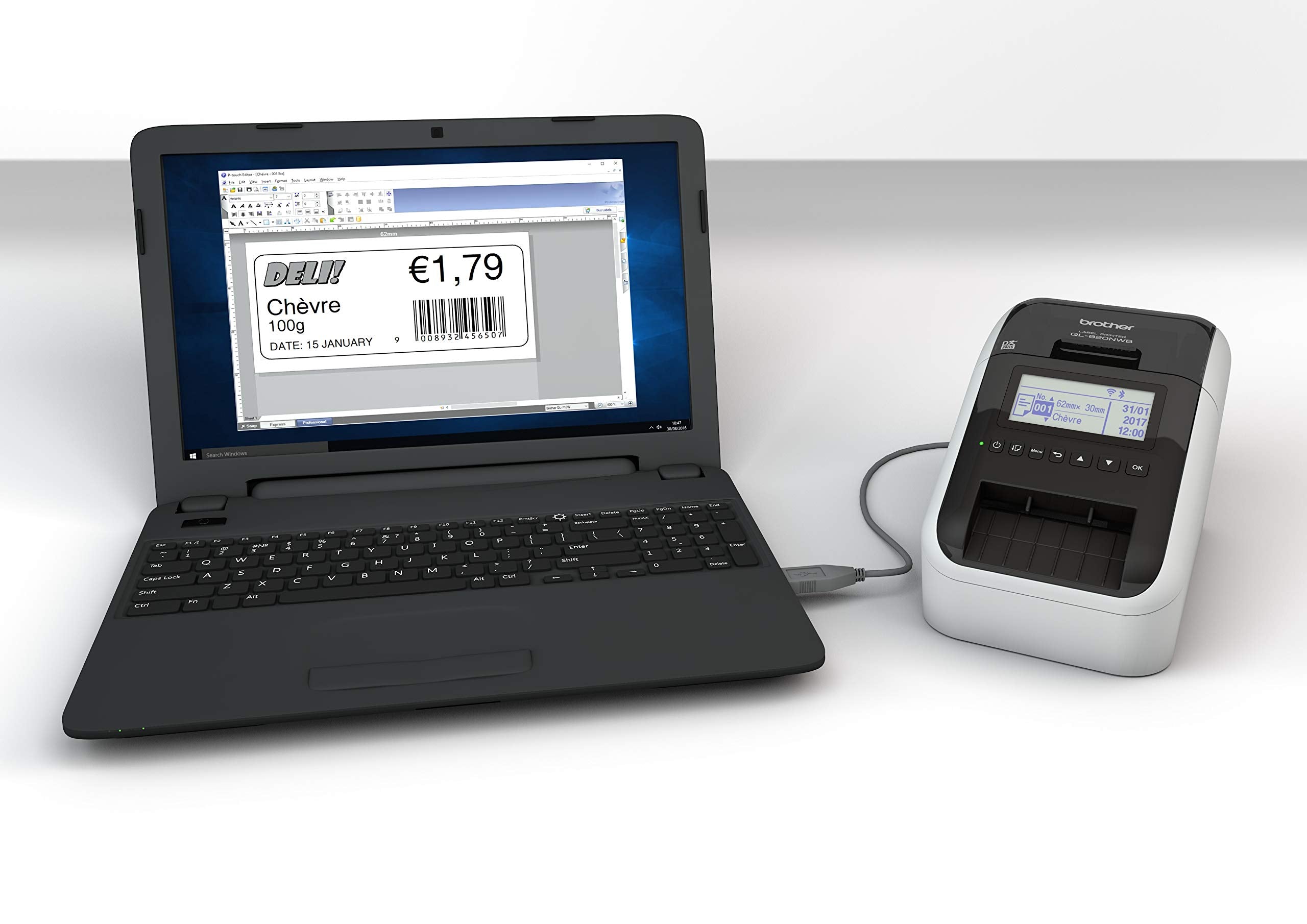 Brother QL-700 Label Maker, USB 2.0, Address Label Printer, Desktop, Up to 62mm Wide Labels, UK Plug, Black Print Only