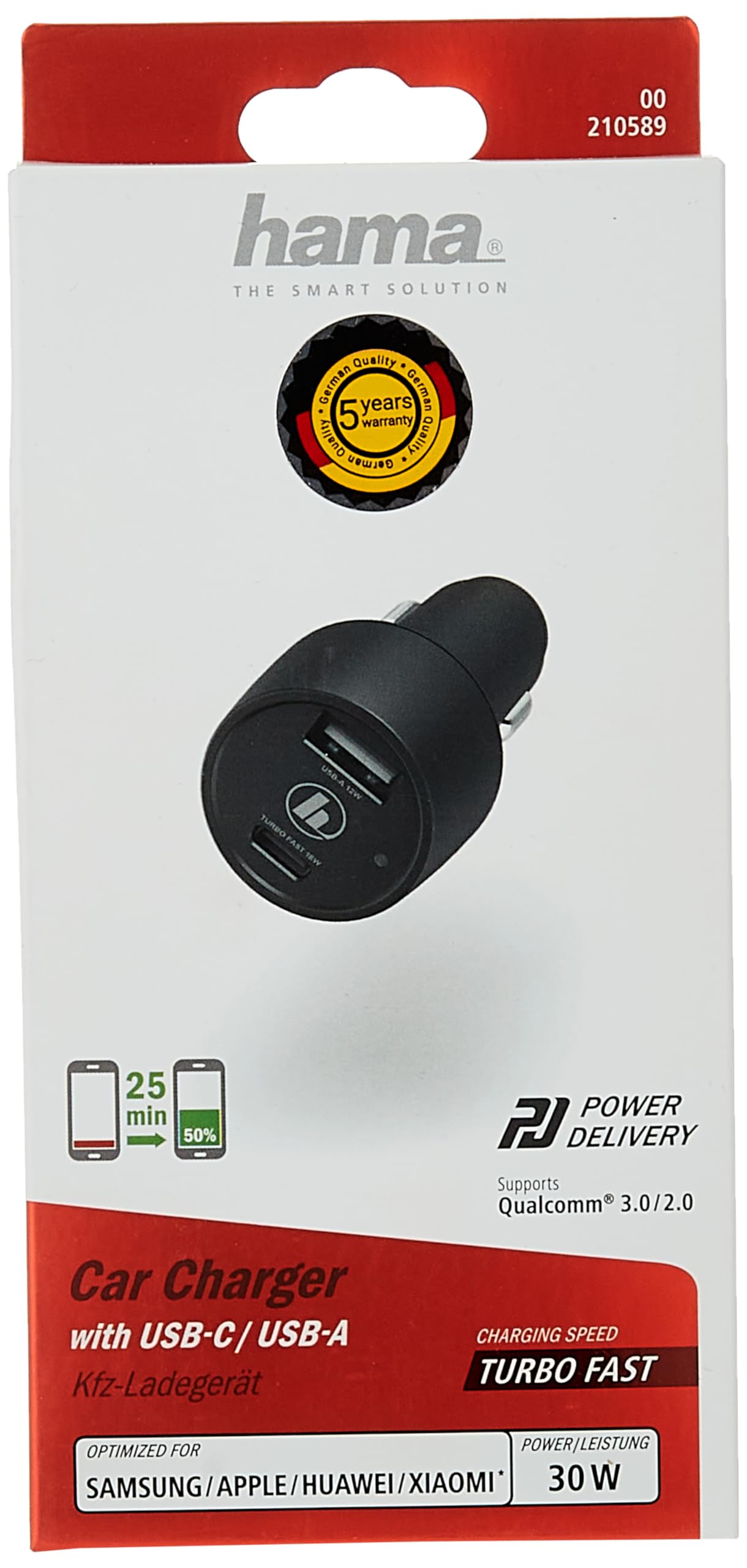 هاما شاحن سيارة 210589 12-24 فولت 30 واط USB نوع C وكوال USB-A لون اسود