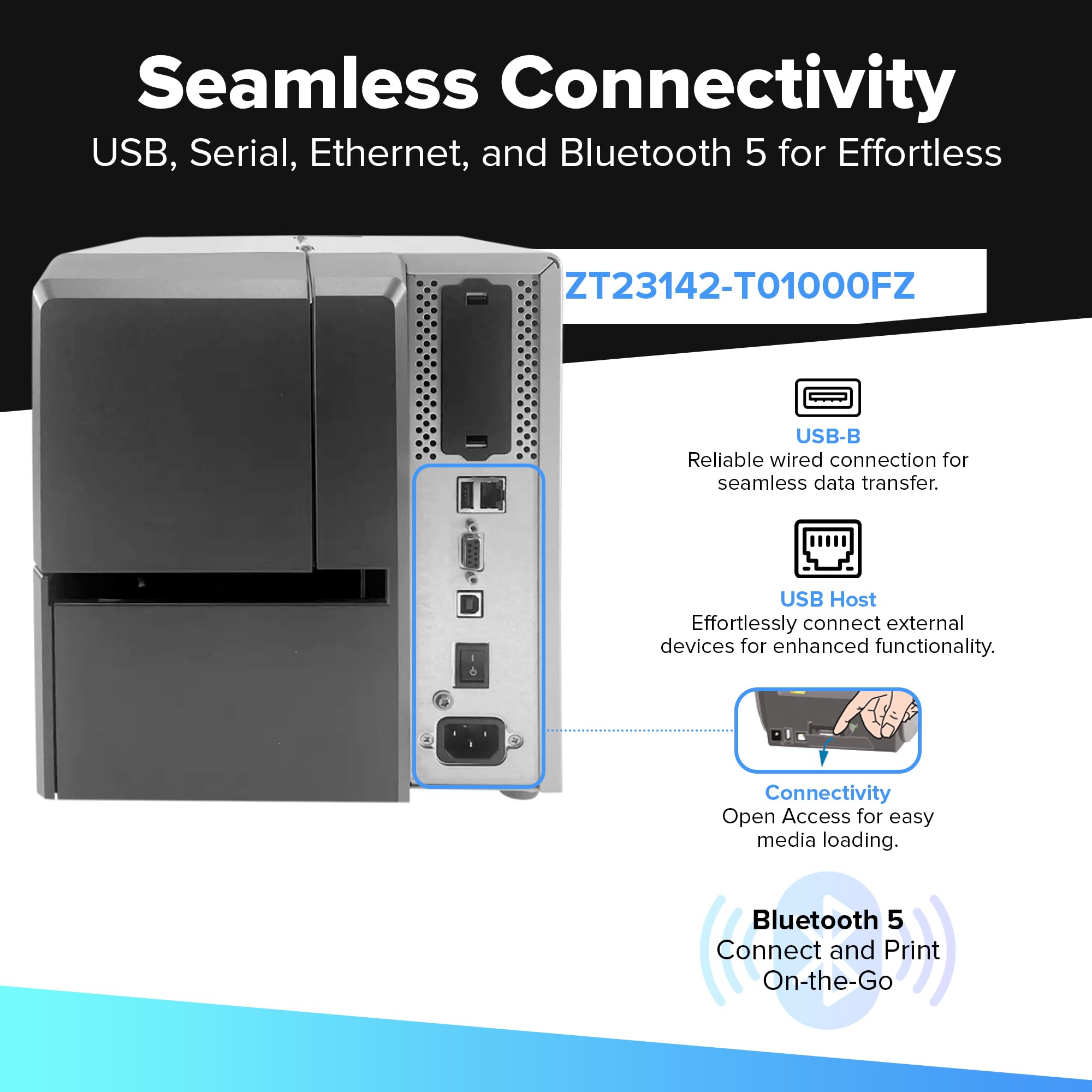 Zebra ZT231 (Replaces Zebra ZT230) | Thermal Transfer and Direct Thermal 203 DPI | ZT23142-T01000FZ | USB, Serial, Ethernet, Bluetooth Connectivity, Tear Bar | Software Included