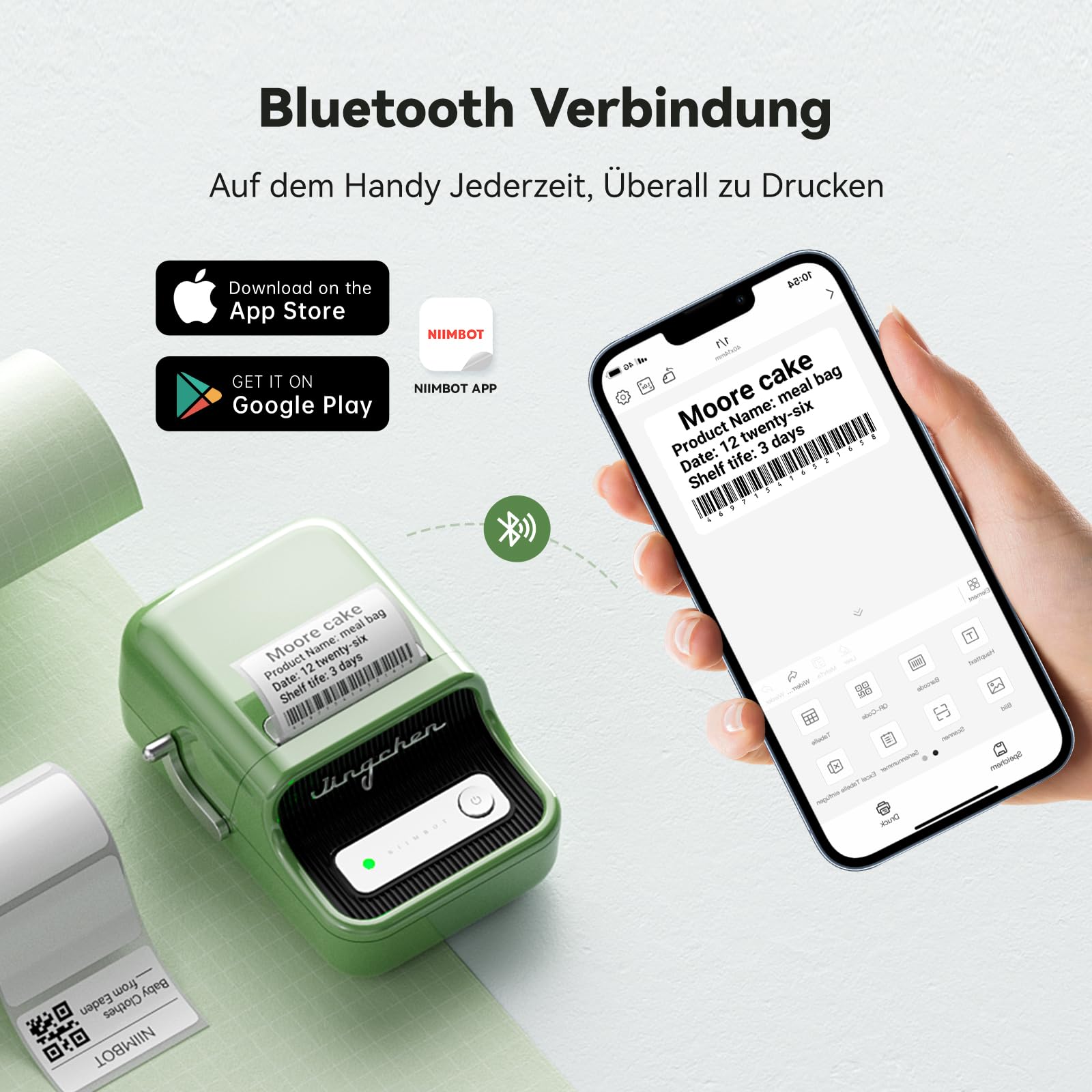 NIIMBOT B21 Bluetooth Label Printer, Self-Adhesive Labeling Device Includes One Roll of 50 x 30 mm Labels, Portable Label Printer with Mobile and Computer for Photos Barcode and Office Work (Green)