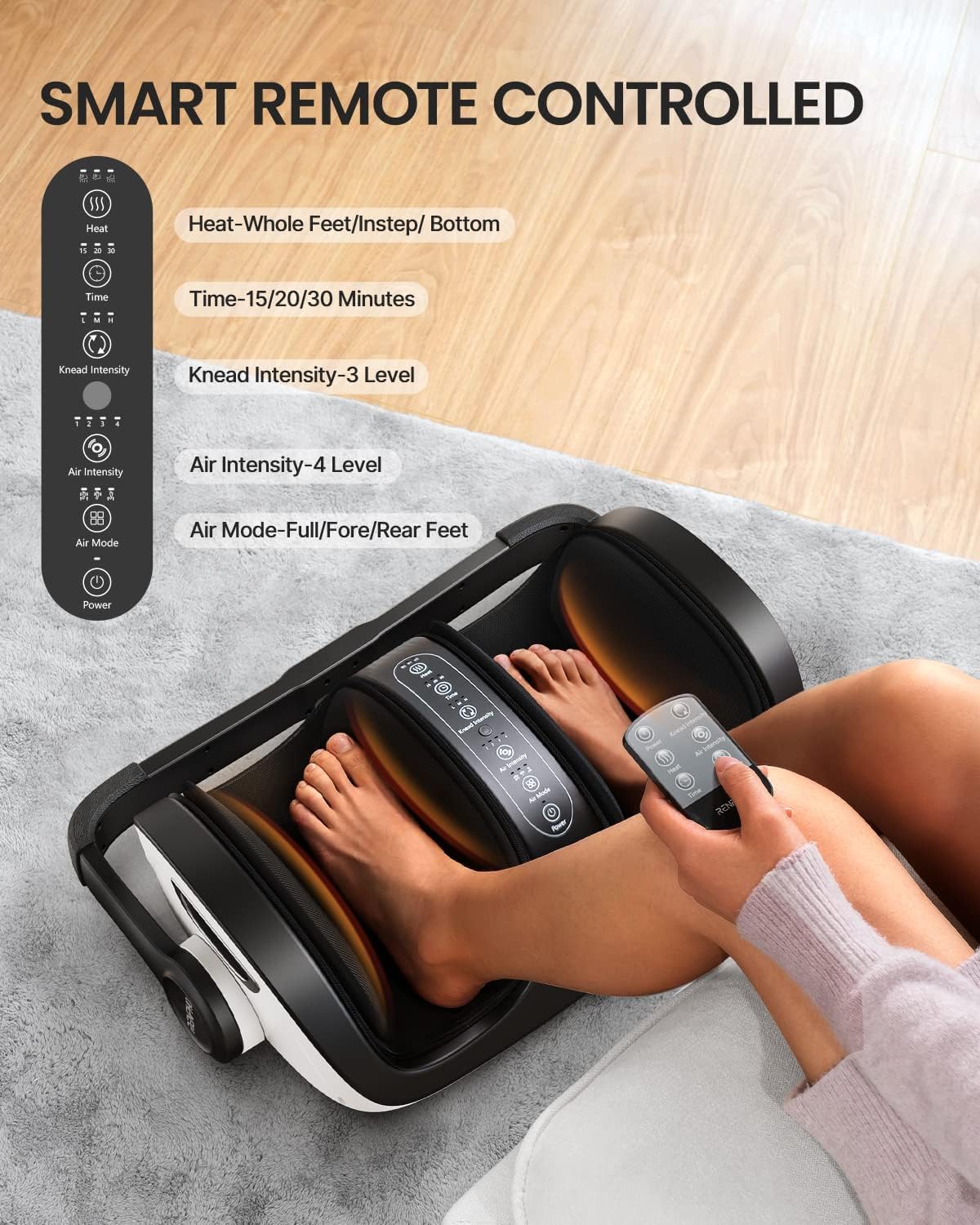 Renpho Shiatsu Foot Massager for Feet and Legs with Heat and Remote Control, Deep Kneading and Leg Rolling with Handle, Fits Men's Feet up to US Size 14, for Home and Office