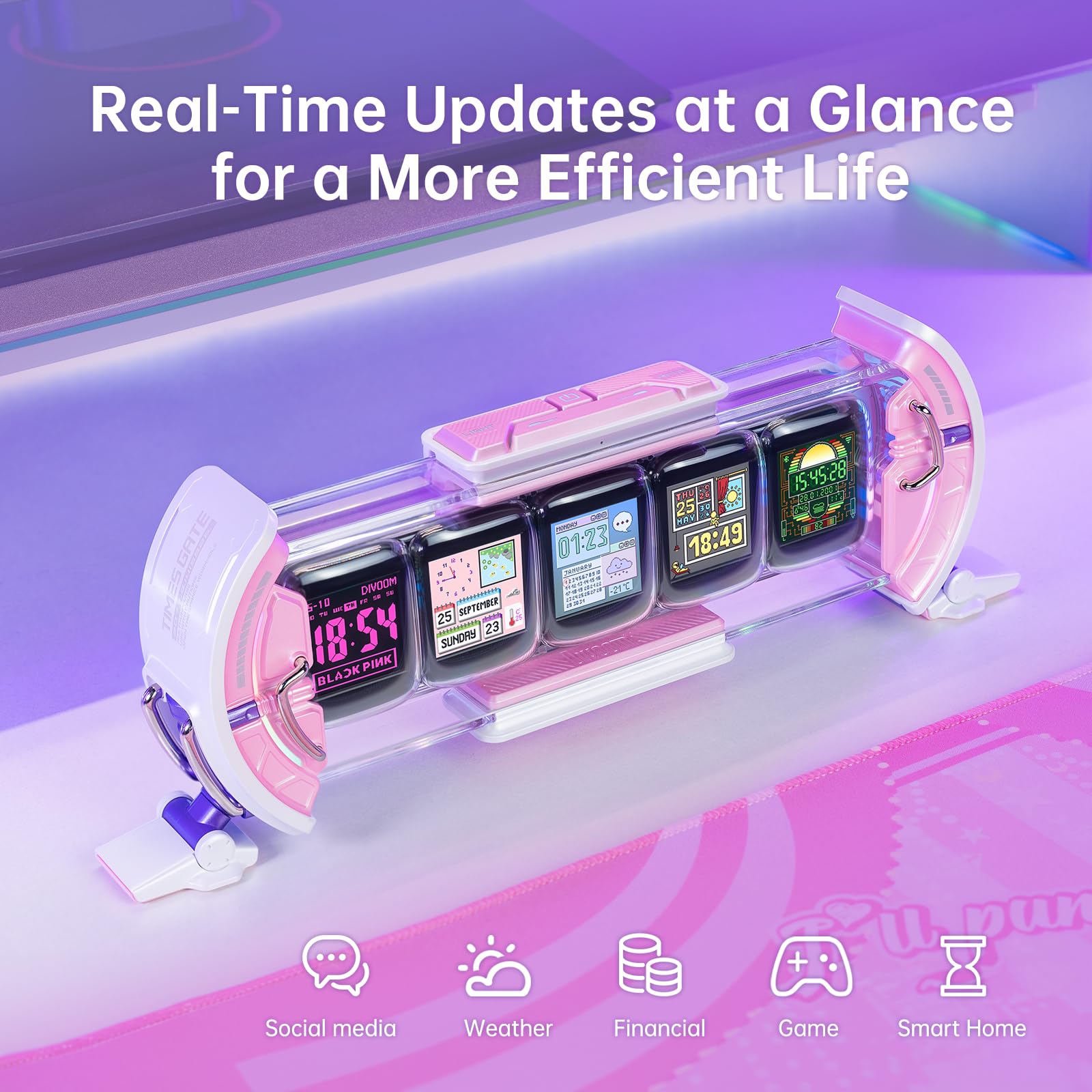 Divoom Times Gate - Cute Gaming Digital Clock with Smart App Control, Supports Weather Forecast, Stock Market/Exchange Rate, Social Media, Pixel Art Display for Gaming and Home Office Decor (Pink)