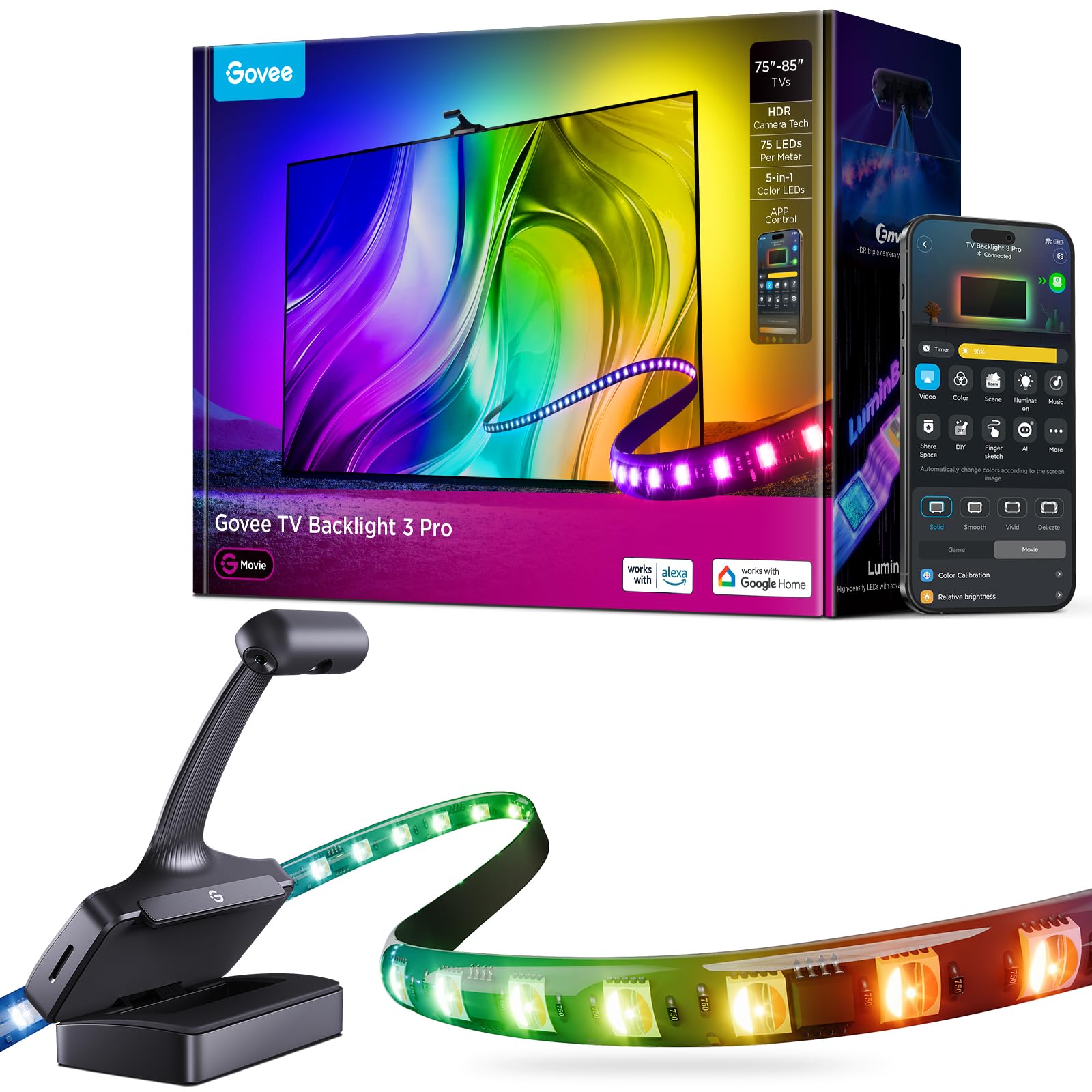 Govee TV Backlight 3 Pro with Triple HDR Camera 16.4ft 5-in-1 RGBWWIC Sync with 75-85 inch TVs, 75 LED/m, AI Filter Support, Smart App and Voice Control, DreamView Sync