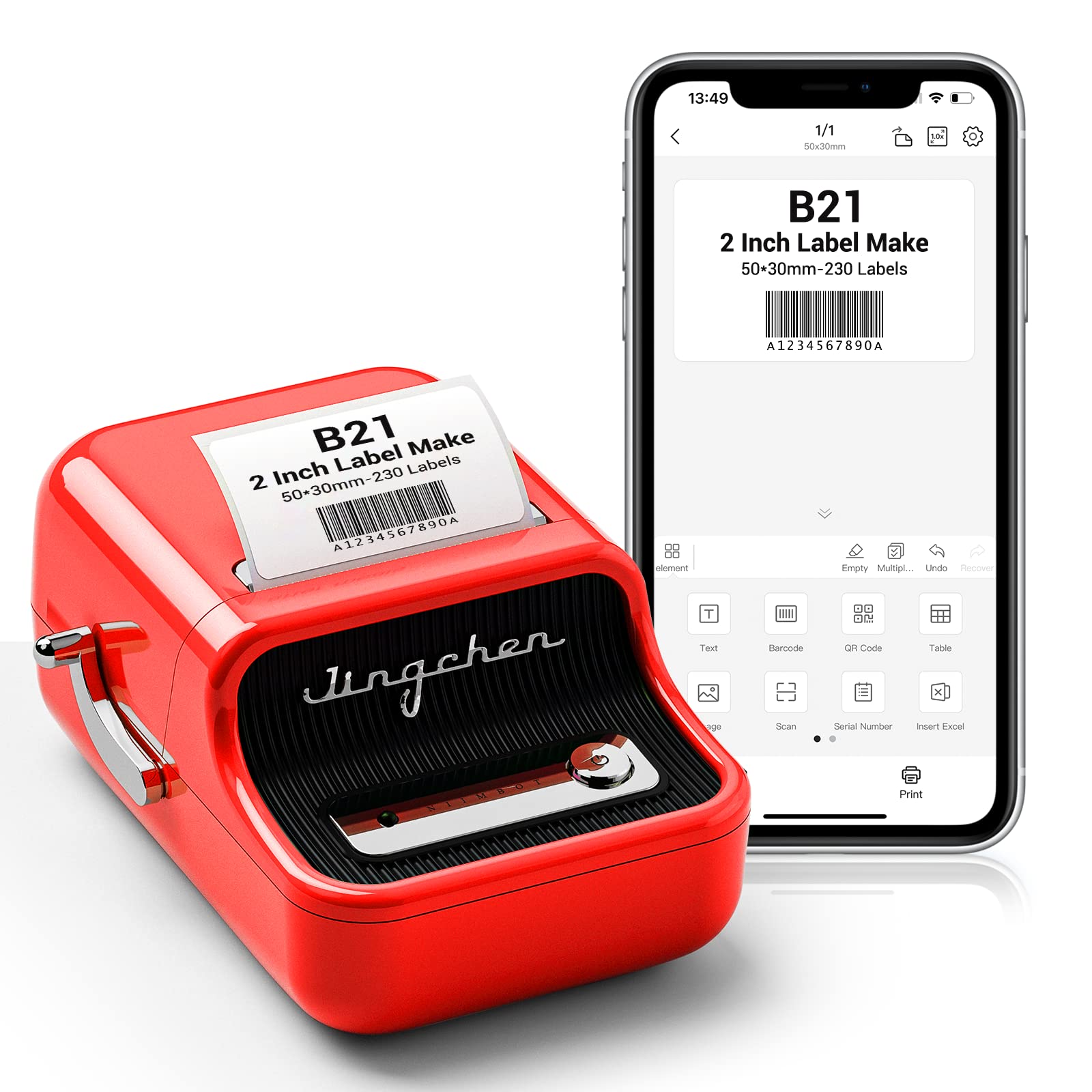 DEEPIN B21 Label Maker-Portable Bluetooth Thermal Label Maker Machine, 2 Inch Barcode Label Printer for Small Business, Clothing, Jewelry, Retail, Mailing, Barcode, with 1pack 50×30mm Label Red