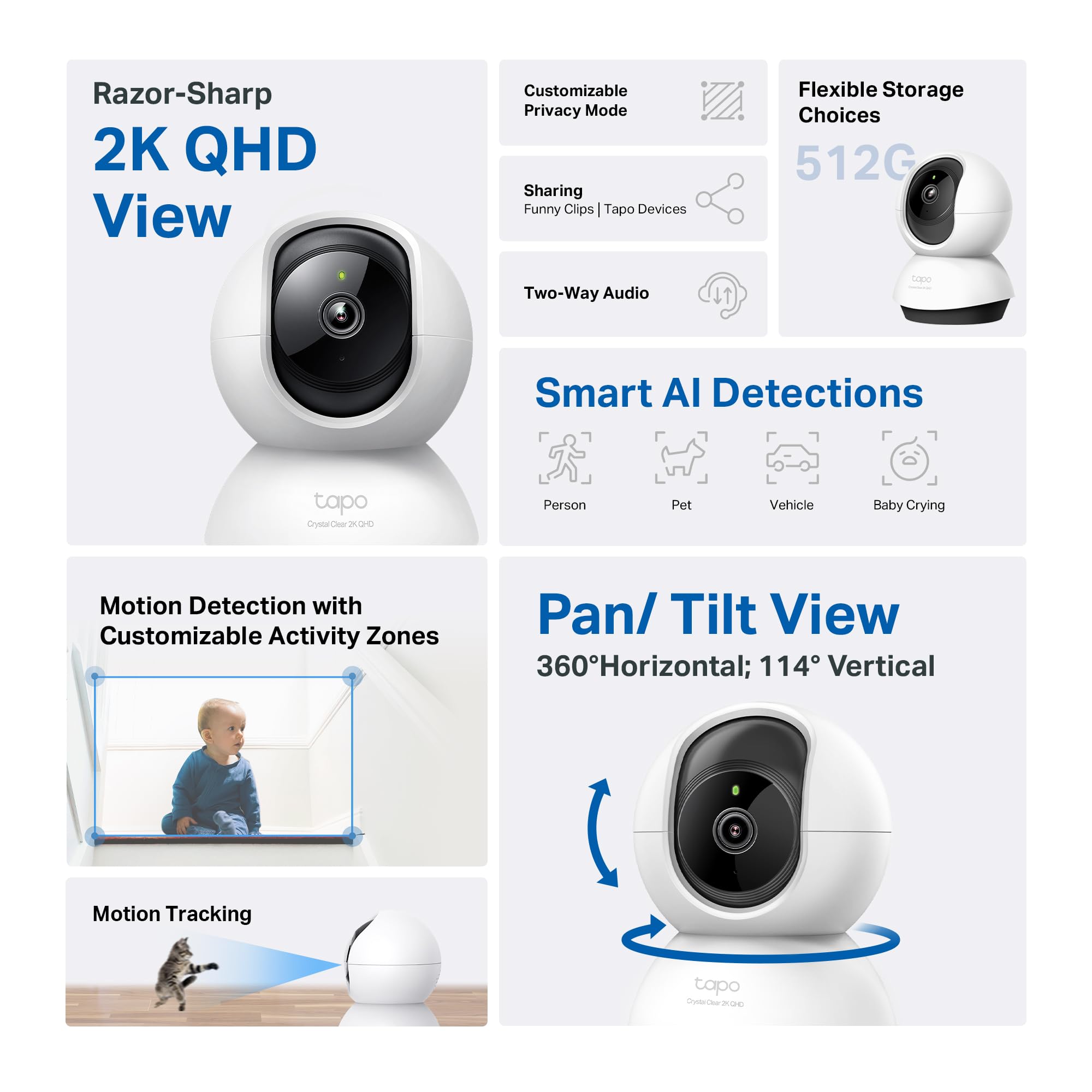 Tapo C220 2K Pan/Tilt Indoor Camera, WiFi Security Camera, AI Detection, Customizable Privacy Mode, Two-Way Audio, Night Vision, Cloud & Local Storage, Works with Alexa & Google