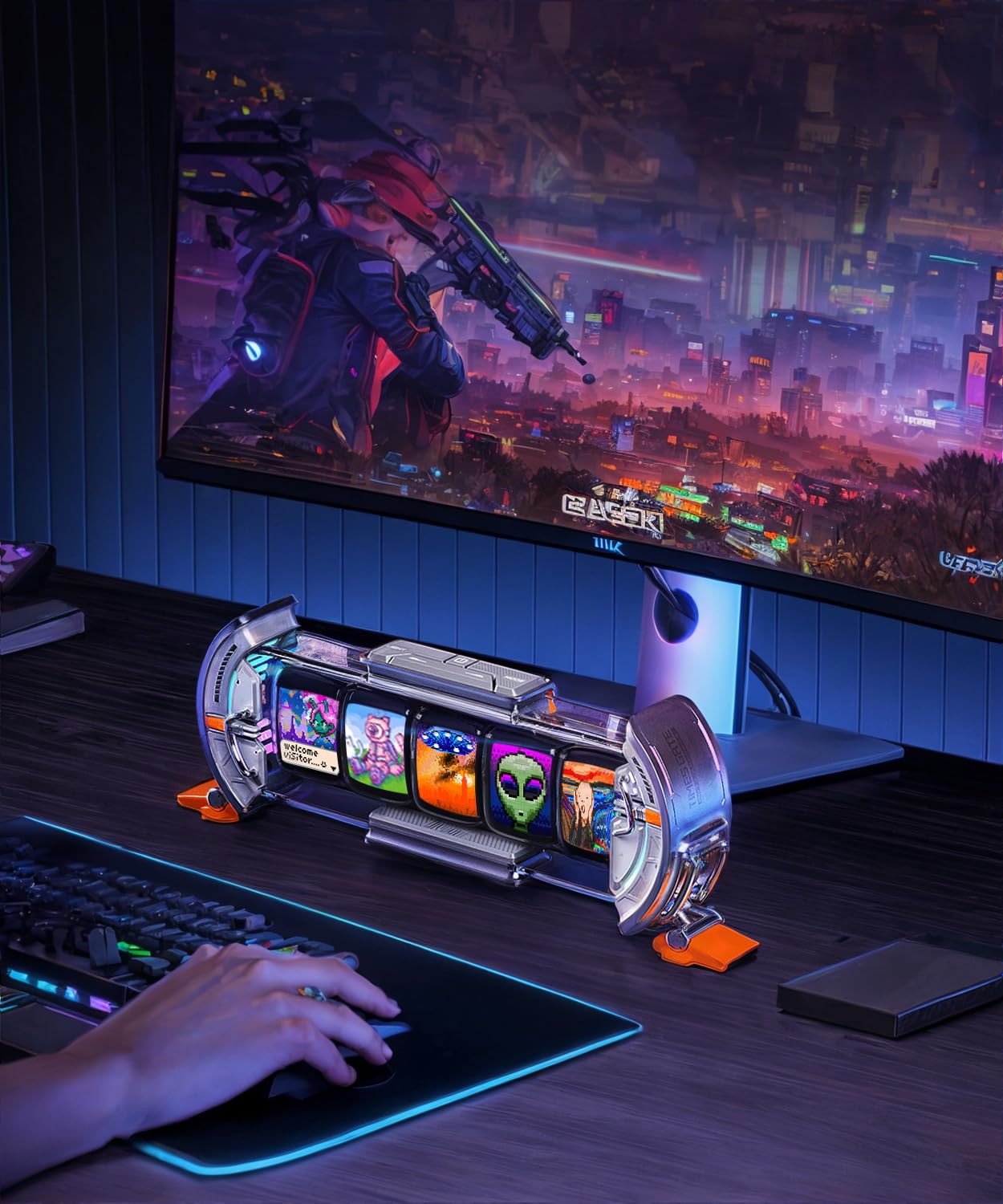 Divoom Times Gate Cyberpunk RGB Gaming Desk Accessories - Silver Gaming Room Decor with WiFi Connection, DIY Pixel Art Display Screen, Compatible with iPhone and Android