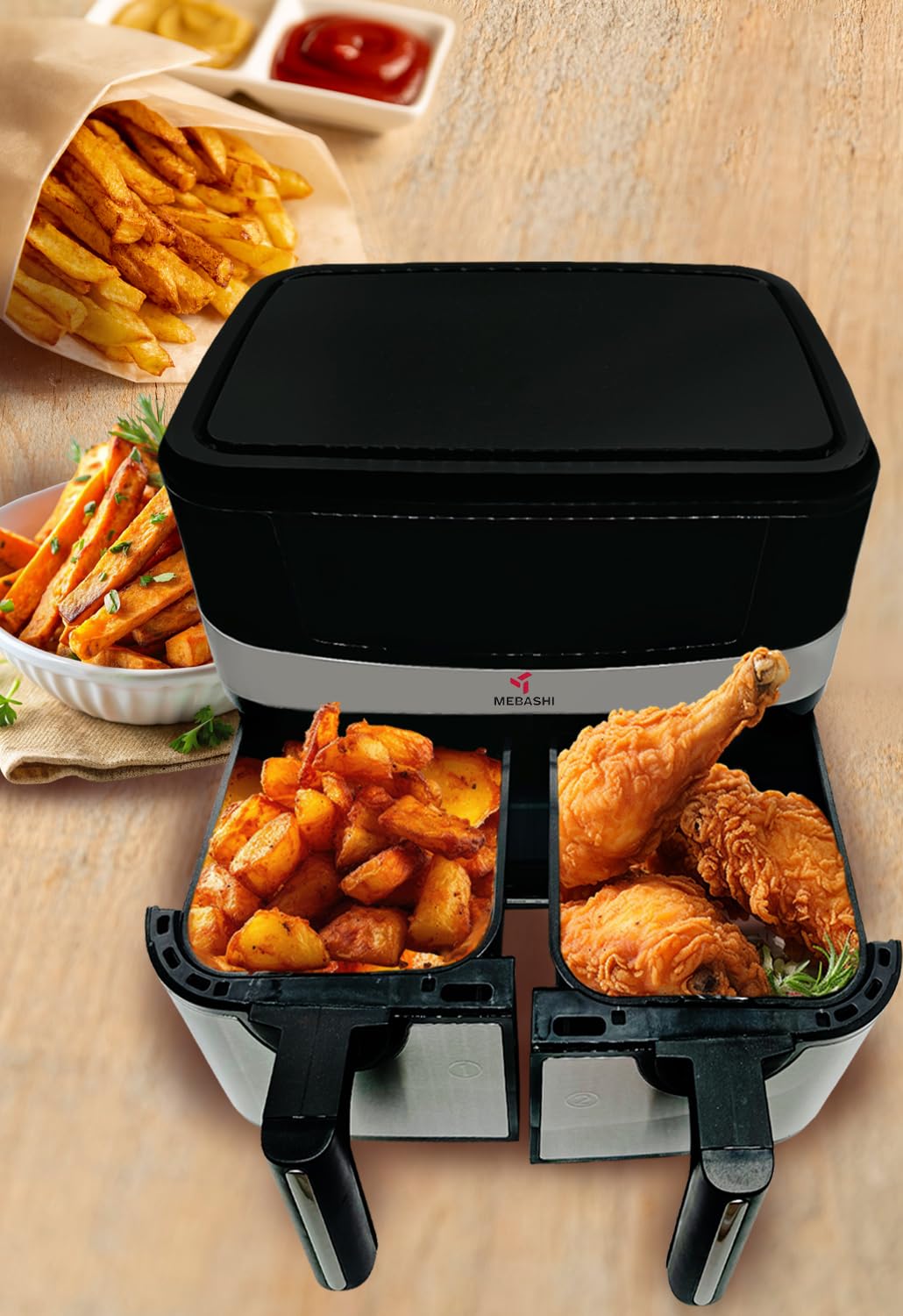 Mebashi Dual Basket Air Fryer with Digital Display, 1800 Watt Capacity 2 x 4.5 Liter, Total 9 Liter, Rapid Air Technology, 12 Preset Functions (ME-AF997)