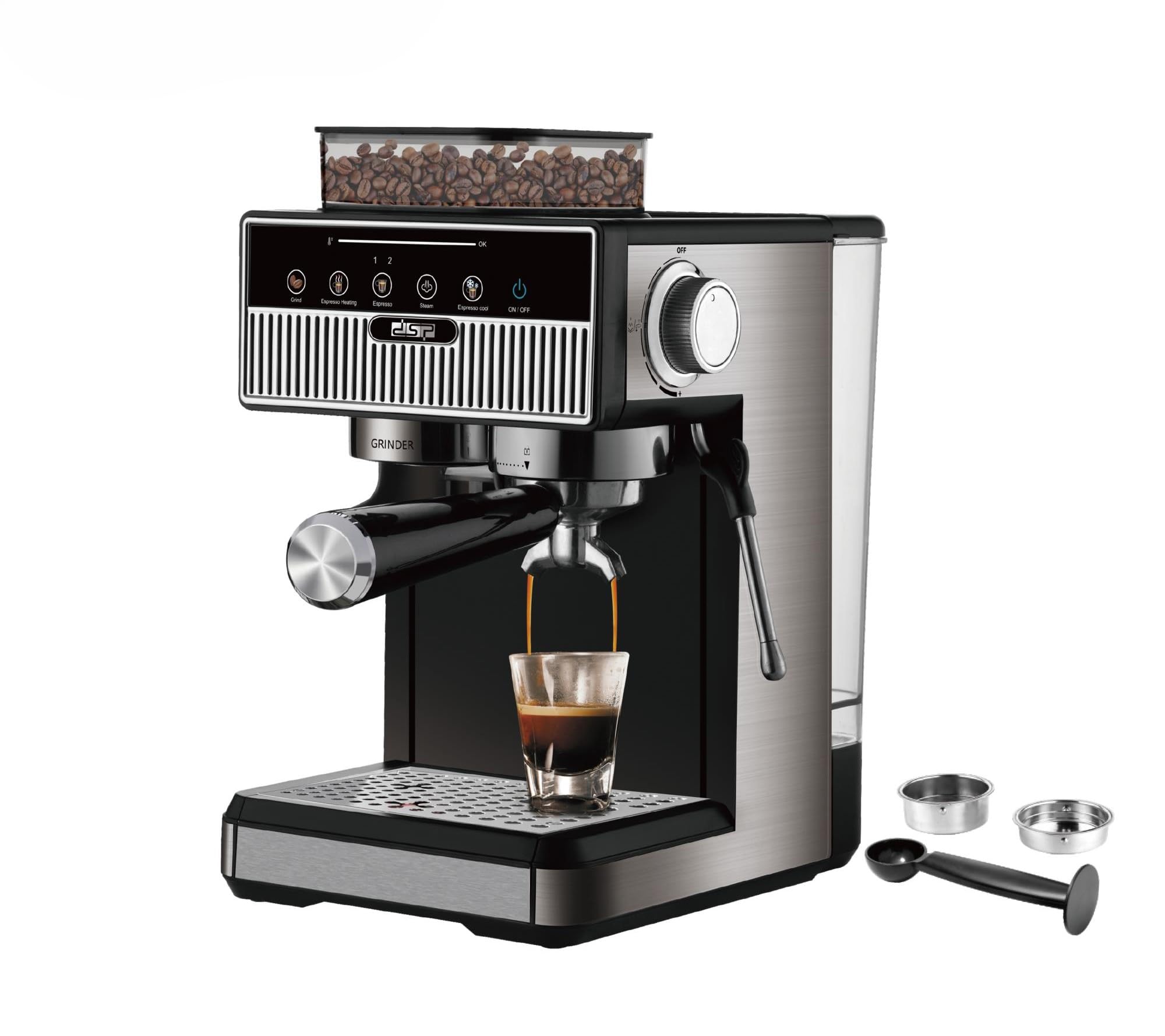 DSP Professional Coffee Machine Stainless Steel Home Use Espresso Coffee Maker 1.7L 20bar Espresso Coffee Maker 1350W with innovative 150g bean Grinding system KA3125