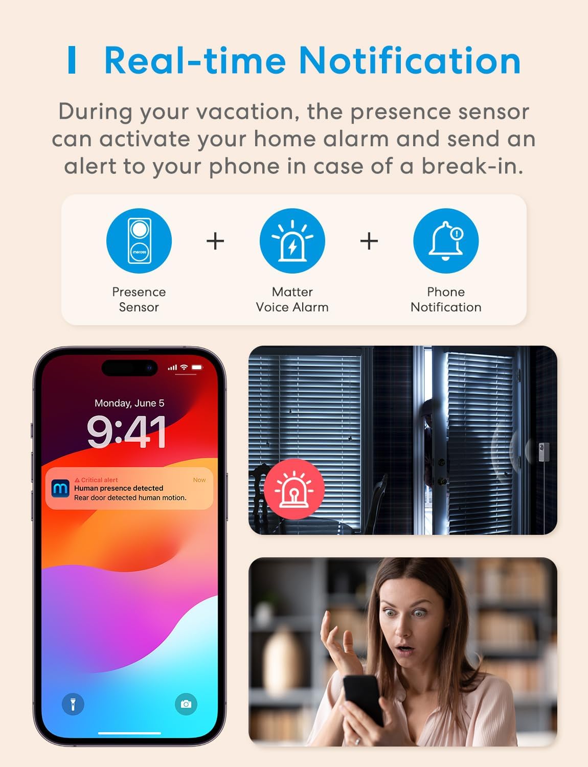 meross Matter Smart Presence Sensor, 3-in-1 mmWave Radar & PIR & Light Motion Sensor, AI Motion Detector for Home Automation and Security, Supports HomeKit, Alexa, Google Home, 2.4GHz Wi-Fi Only