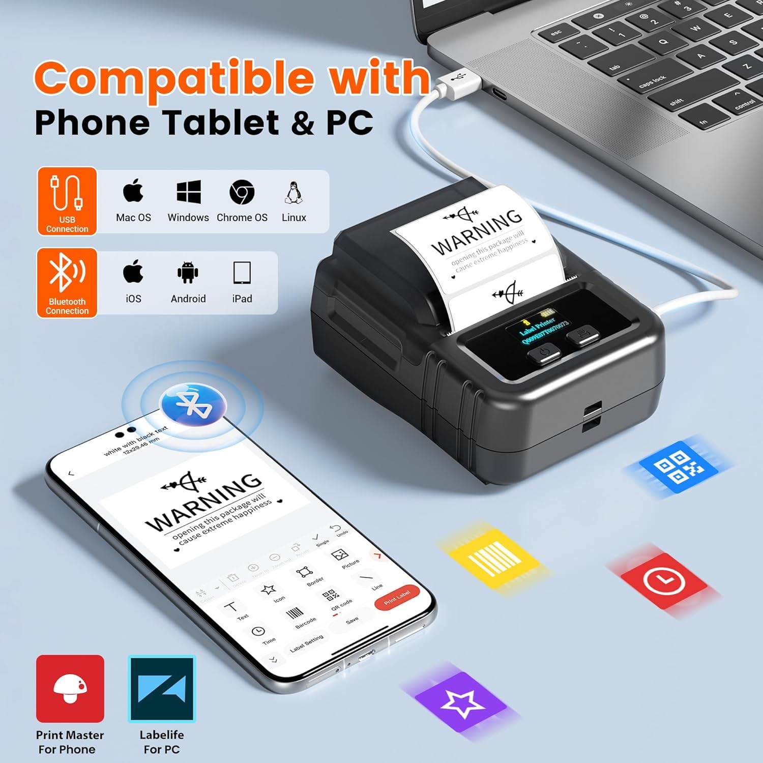 Fipka M120 Label Maker - Bluetooth Thermal Barcode Printer 2 inch 50mm Barcode Label Printer for Retail, QR Code and Small Business, Compatible with Android, iOS and PC, Black