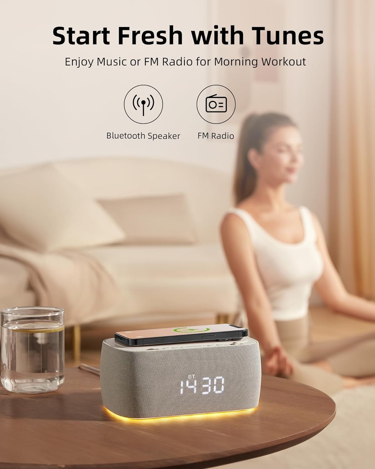 EZVALO Alarm Clock Speaker Dock with Wireless Charger