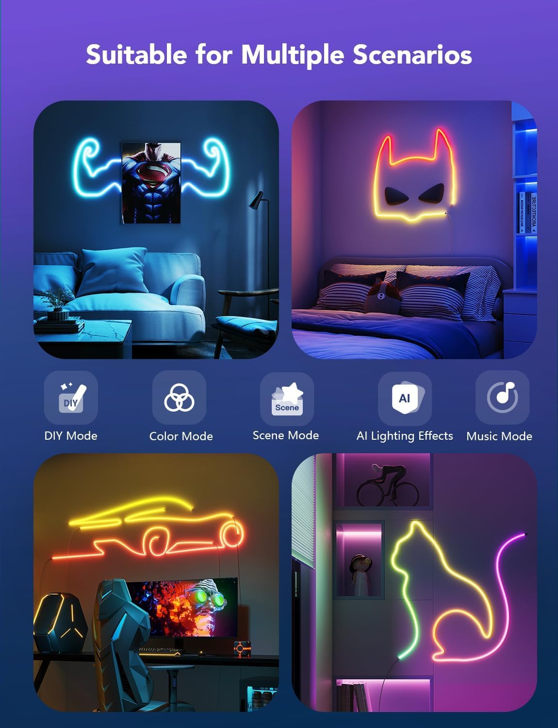 جوفي حبل اضاءة نيون 2، شريط اضاءة LED نيون RGBIC مع رسم خرائط الاشكال، يعمل مع المادة، اليكسا ومساعد جوجل، ضوء نيون لتزيين الحائط، 5 متر