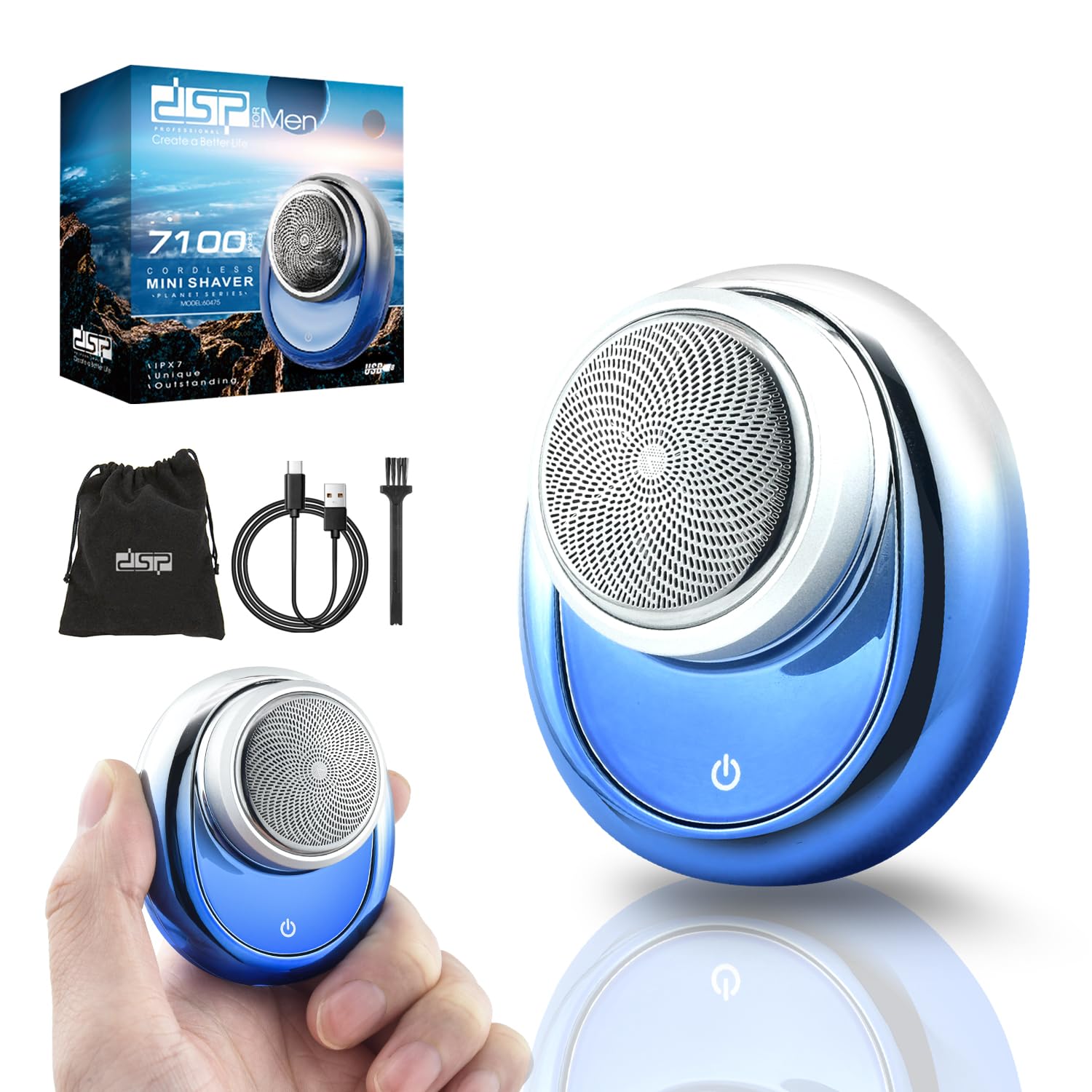 DSP Compact Men's Electric Razor - Mini Portable Shaver for Travel, Waterproof IPX7, USB-C Fast Charging, Overcharge Protection, 7100 RPM Powerful Pocket-Sized Shaving Machine (Blue)