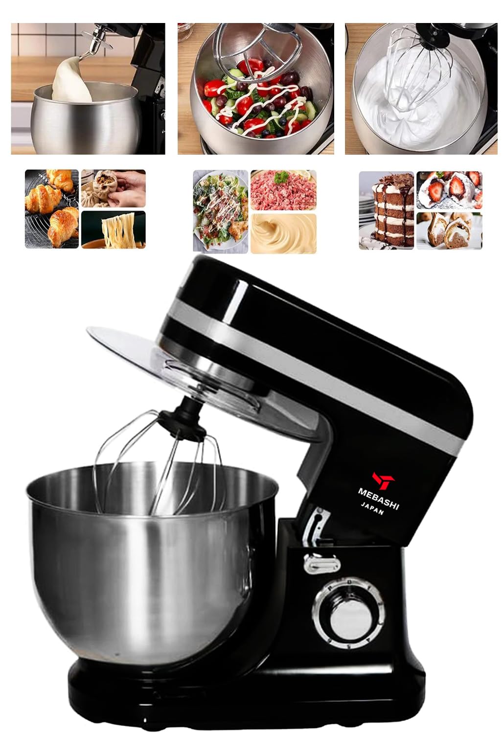 MEBASHI 12 Litre Stainless Steel Bowl Mixer, 6 Speed Control with Pulse, Accessories (ME-SBM1114) (Black)|1500W