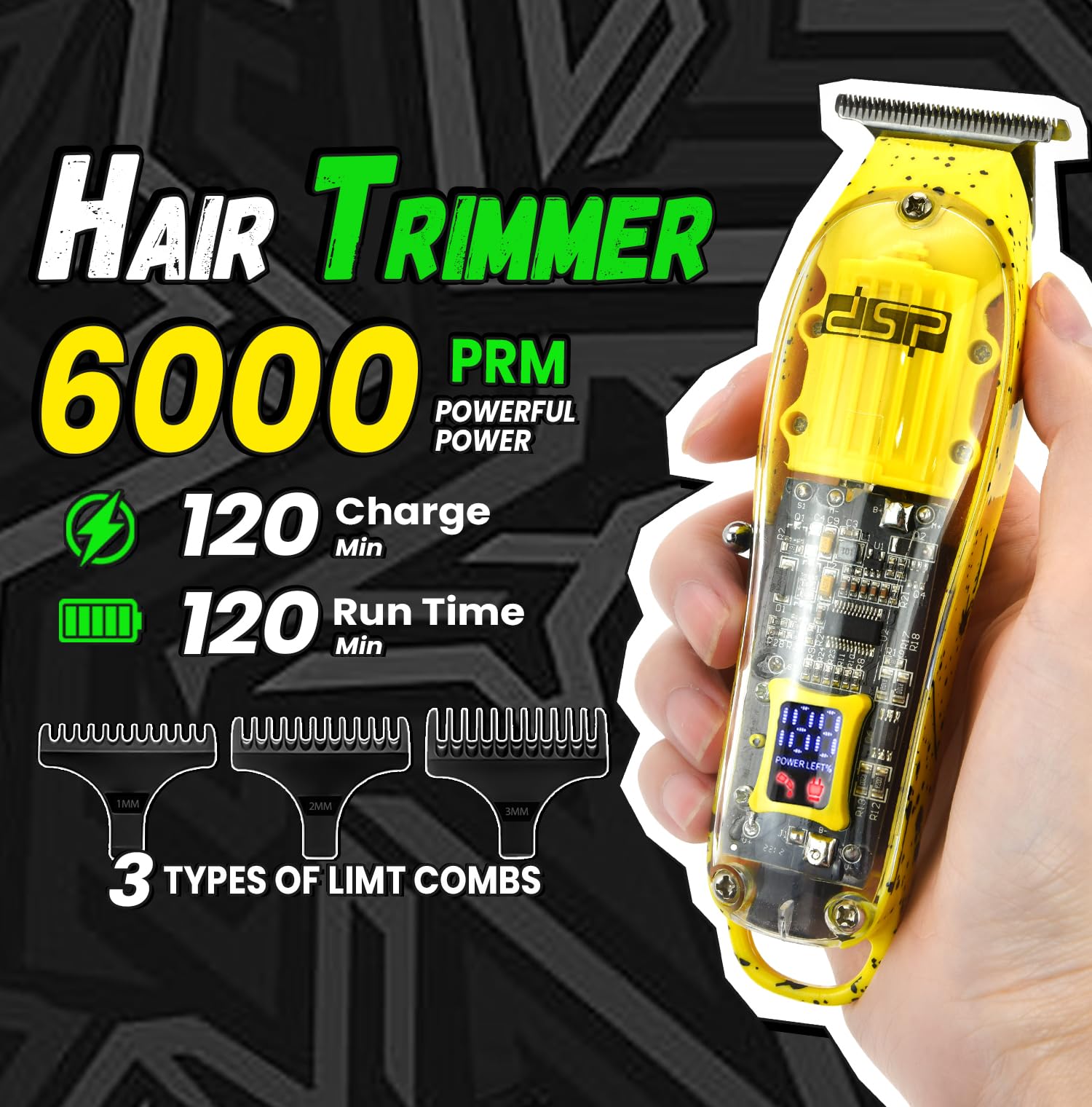 DSP® ماكينة حلاقة الشعر وتشذيب اللحية للرجال، مجموعة حلاقة احترافية لقص الشعر واللحية بدون فجوة، ماكينة حلاقة قابلة لاعادة الشحن مع شاشة LED (اخضر)