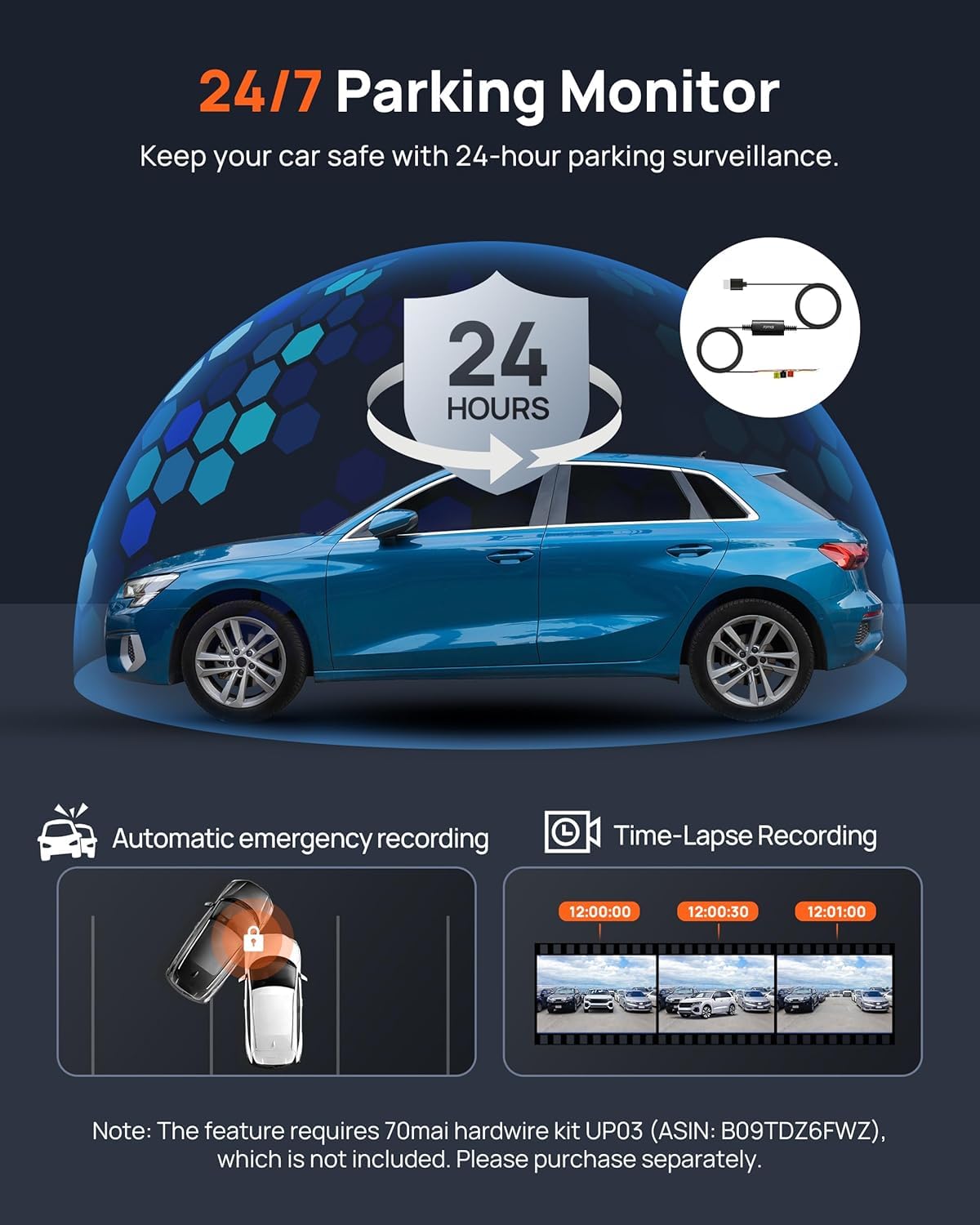 70mai A500S Dash Cam Pro Plus Smart Set - Dual Video Recording, 5MP Resolution, 140° Wide Viewing Angle, Free WiFi, 24-Hour Parking Screen for Enhanced Safety