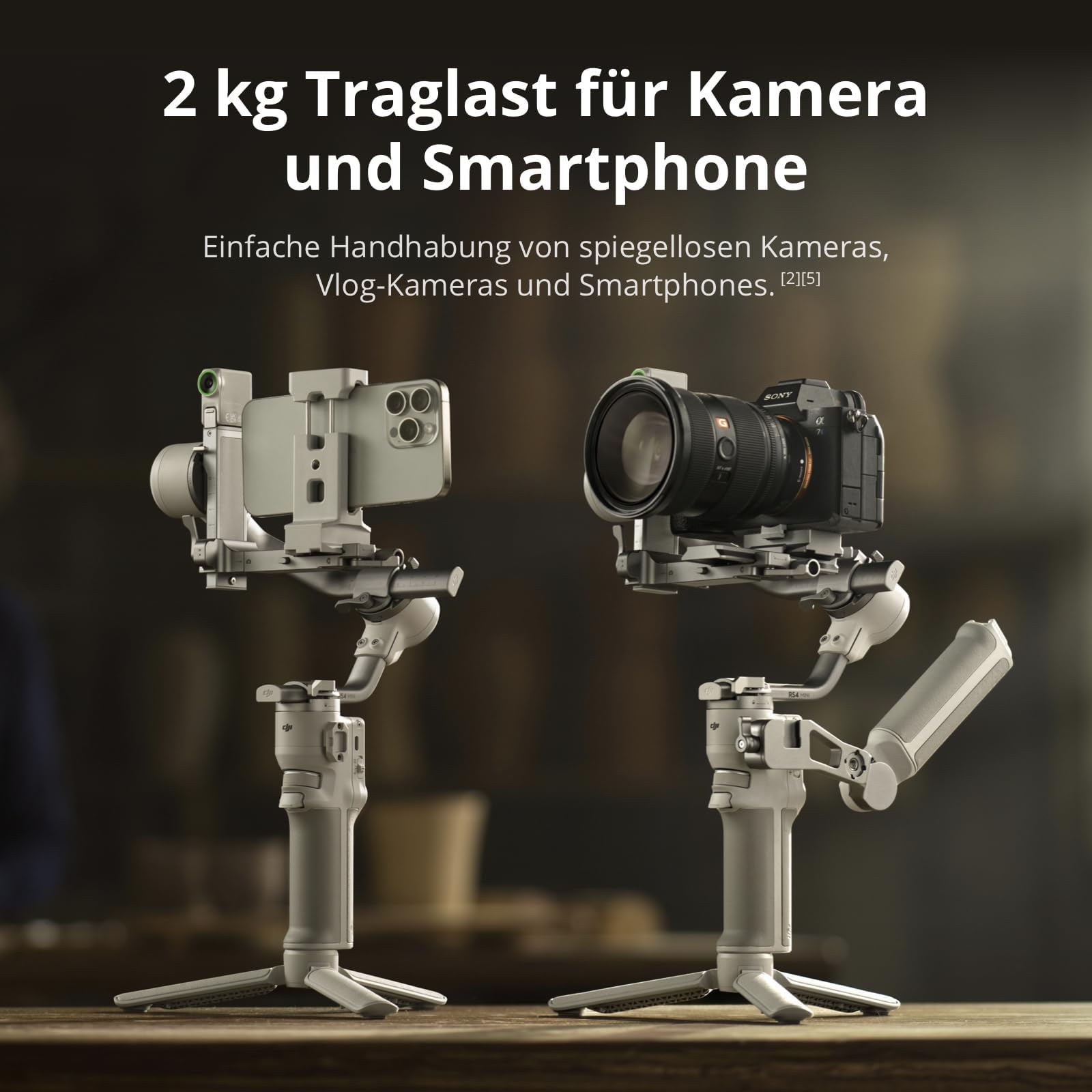 DJI مثبت جيمبال صغير ار اس 4 لكاميرا كانون/سوني/باناسونيك/نيكون/فوجي فيلم، اقفال محاور سيارة تتبع ذكي بسعة تحميل 2 كجم