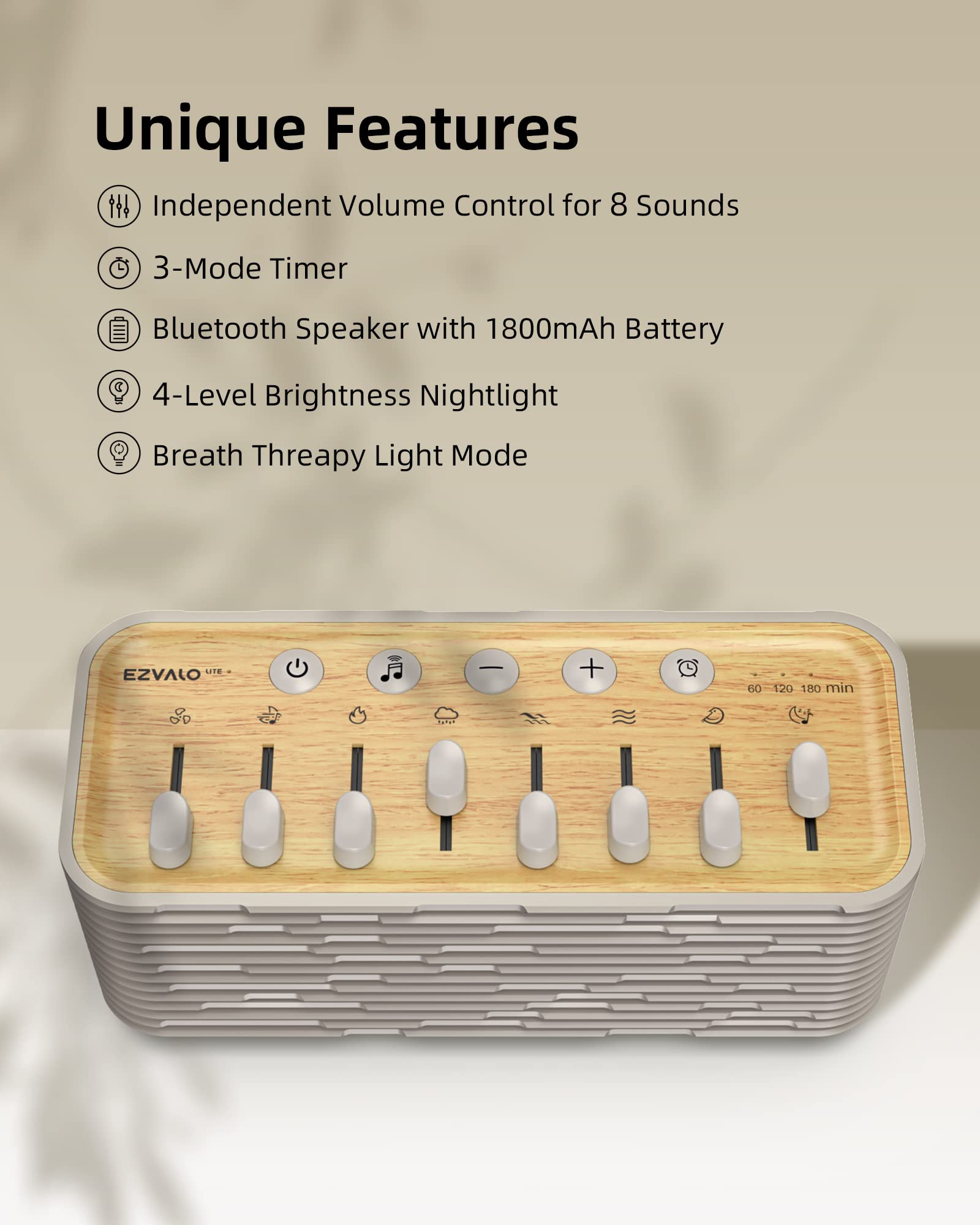EZVALO Lite White Noise Machine, White Noise for Sleep, Portable Bluetooth Speaker with 255+ Mix Options, Night Light, Sleep Timer, Gift for Kids and Adults