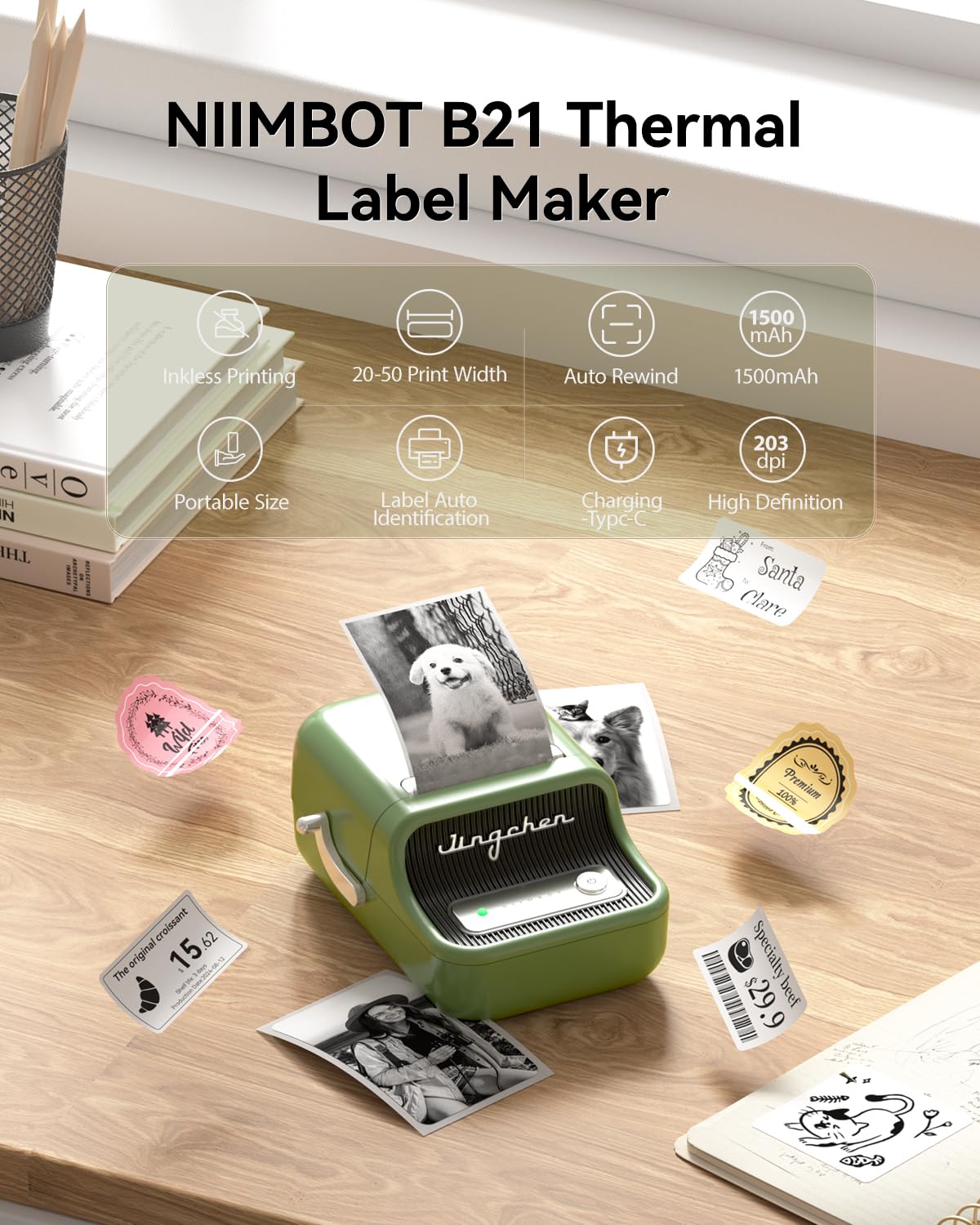 NIIMBOT B21 Label Maker, 2 Inch Portable Thermal Label Printer, Label Maker Machine with Tape, Compatible with Android, iOS & PC,Labeling for Home Storage Office and Small Business,Black